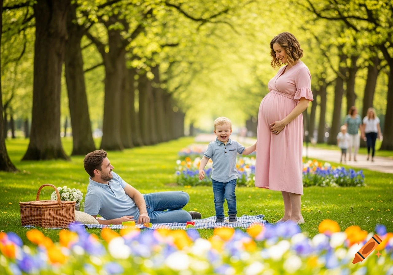 Photorealistic image of a family picnicking in a sunny park with tall trees. A pregnant woman smiles, a child laughs, and a man lies on a blanket.
