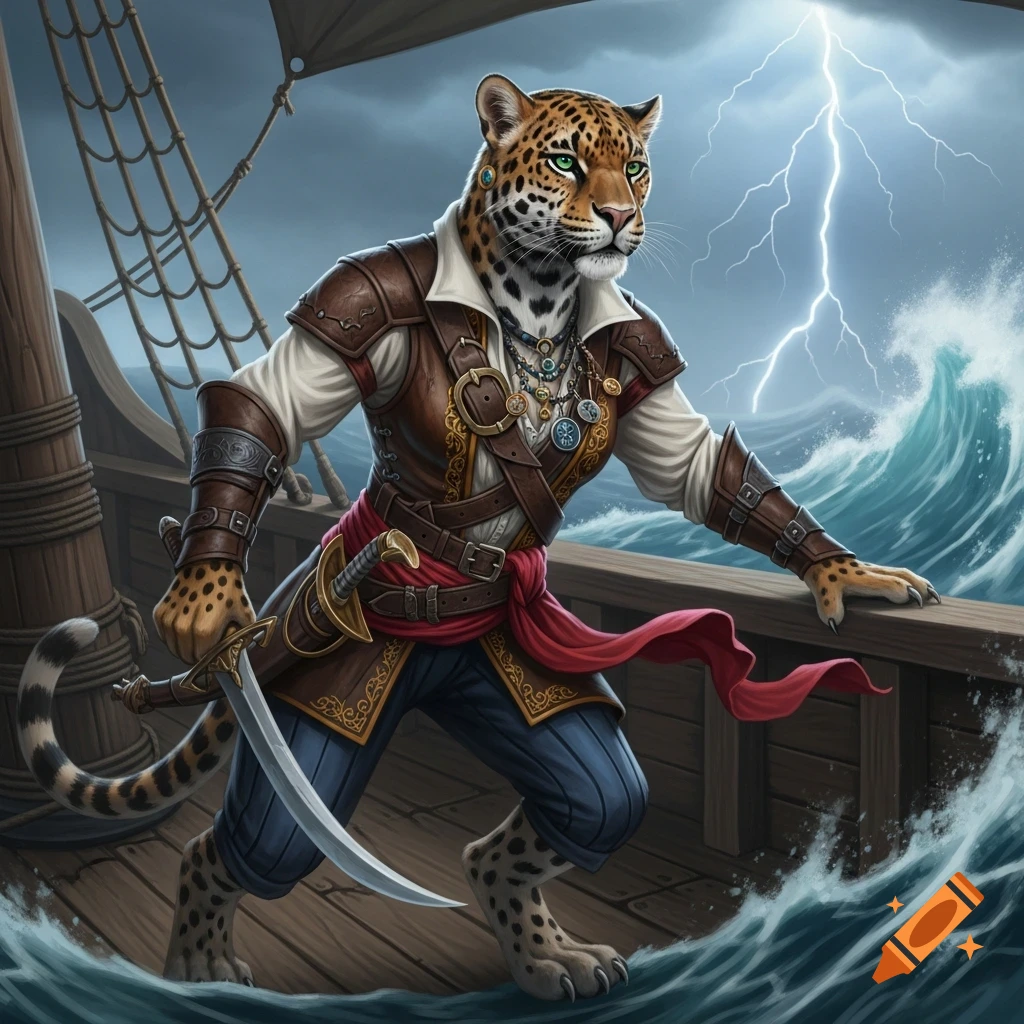 Anthropomorphic jaguar pirate with a sword on a storm-tossed ship, lightning in the sky and waves crashing.