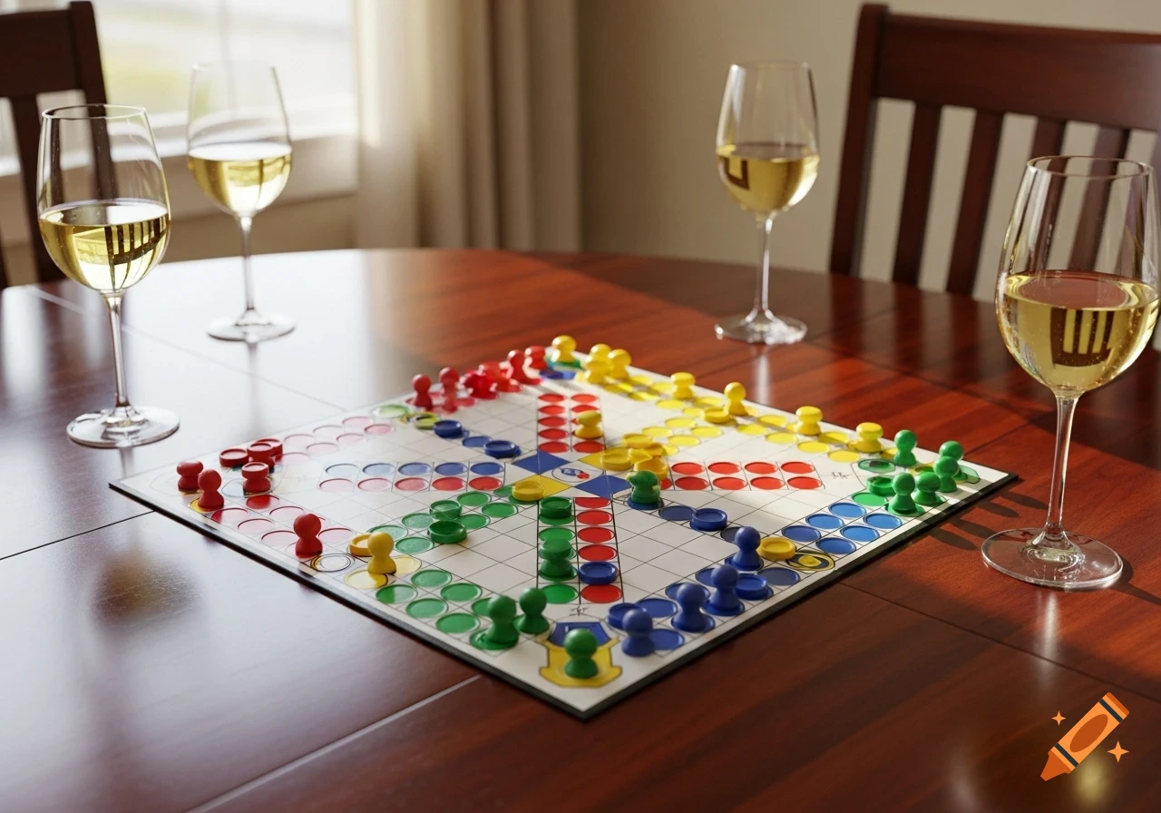 A realistic Parcheesi game board with colorful pieces and four glasses of white wine on a shiny wooden dining table.