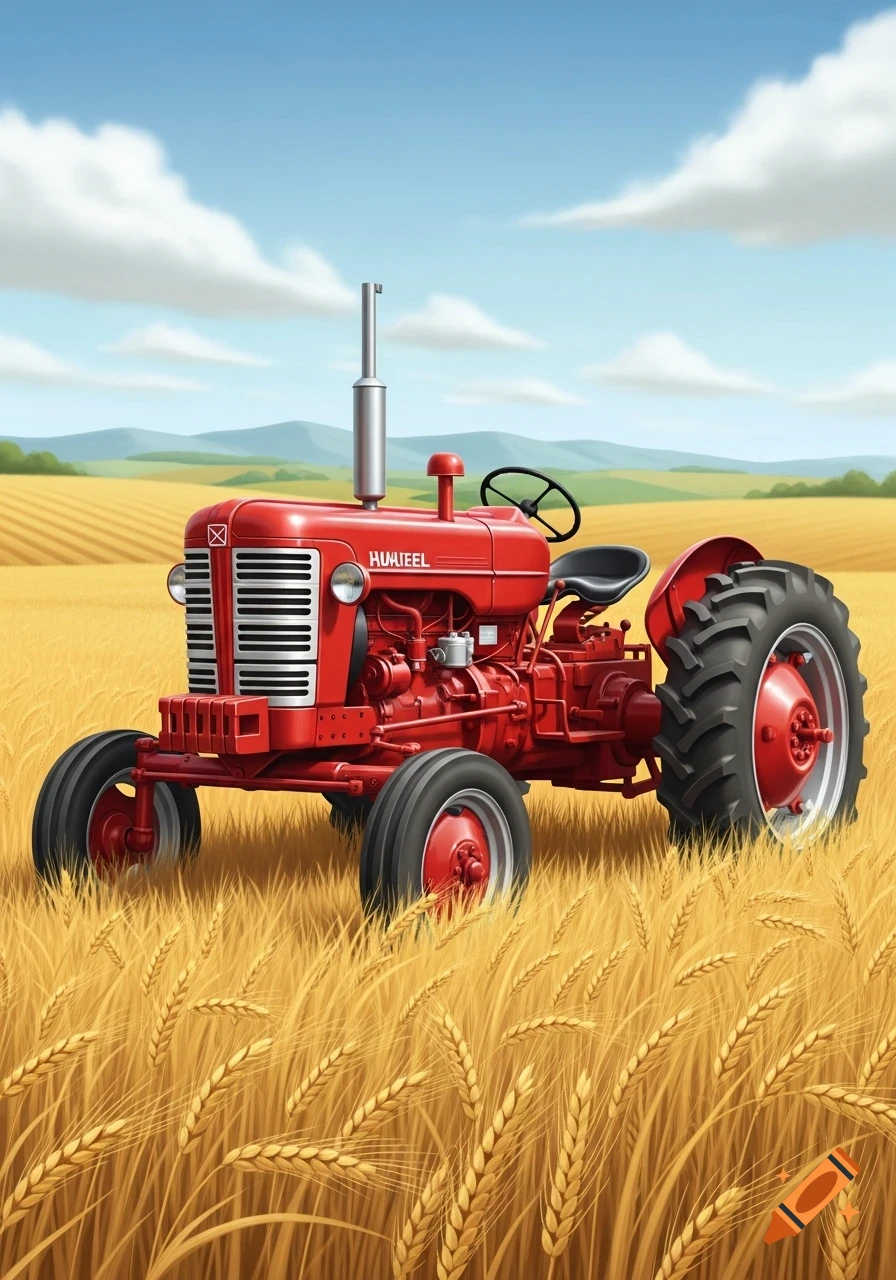 A vibrant red vintage tractor stands in a golden wheat field under a clear blue sky.