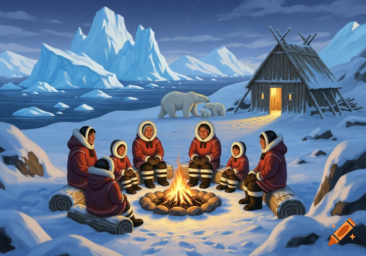 An illustration of Inuit people in red parkas sitting around a campfire in a snowy arctic landscape, with icebergs, a wooden hut, and polar bears in the background.