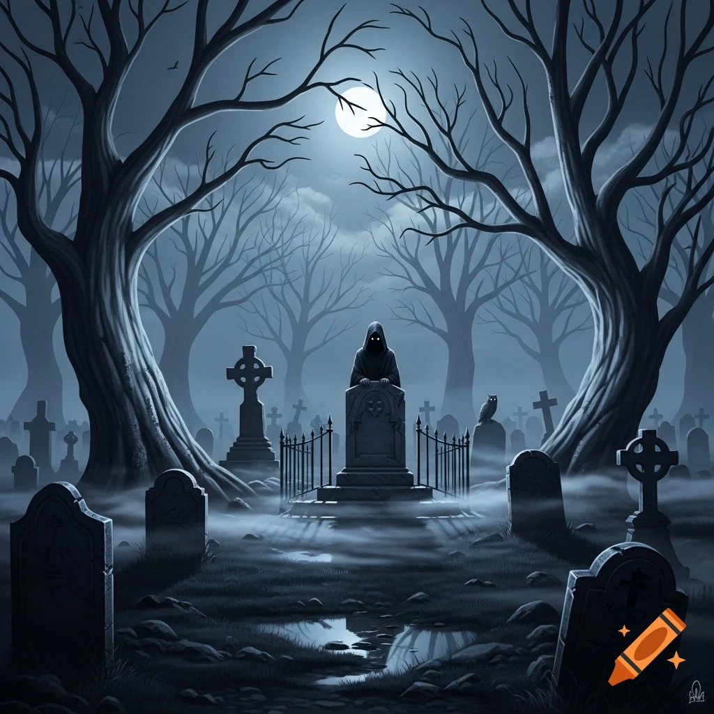 A stylized, dark graveyard scene at night with a full moon, featuring a hooded figure on a tombstone, surrounded by trees and fog.