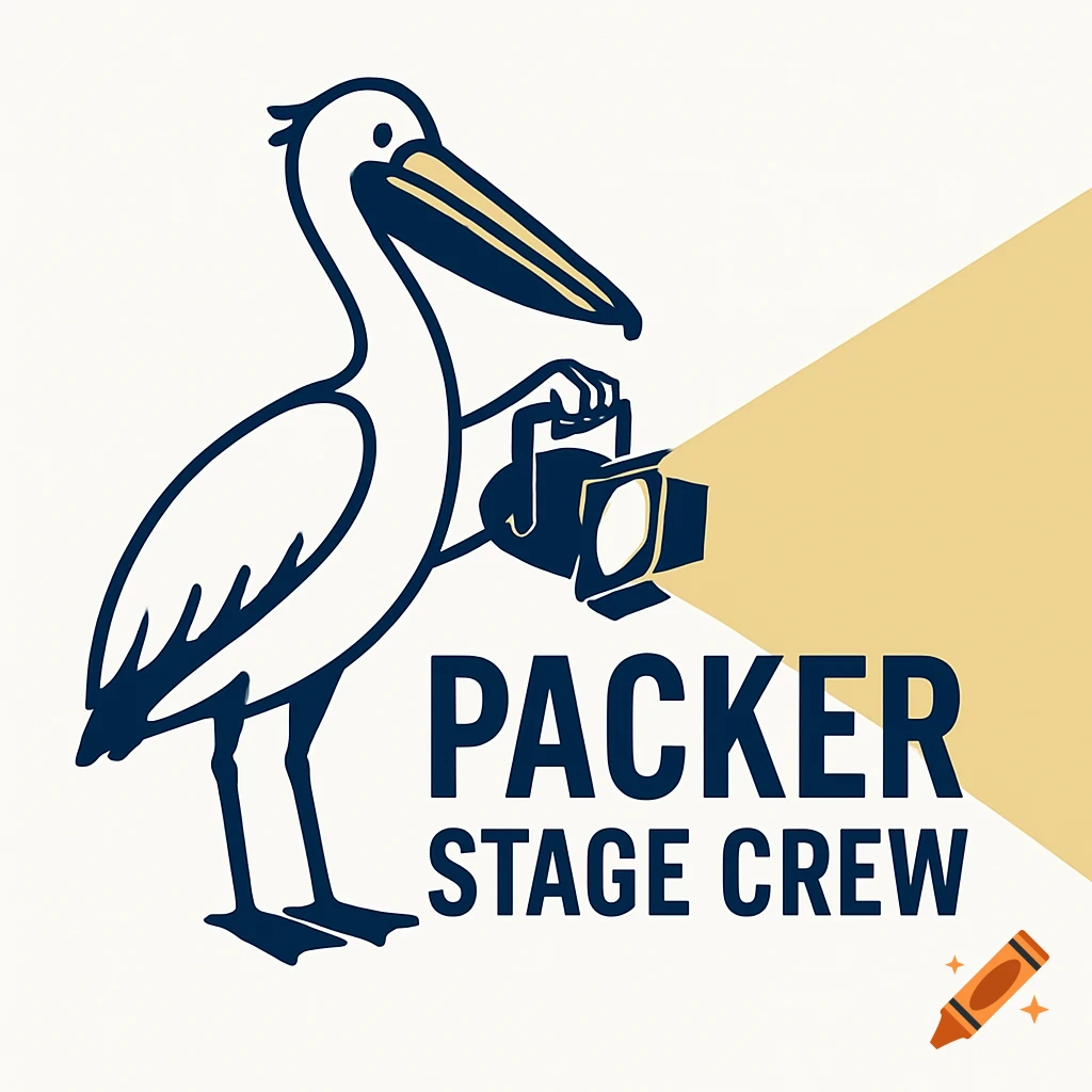Stylized outline logo of a pelican holding a theater spotlight, illuminating "Packer Stage Crew".