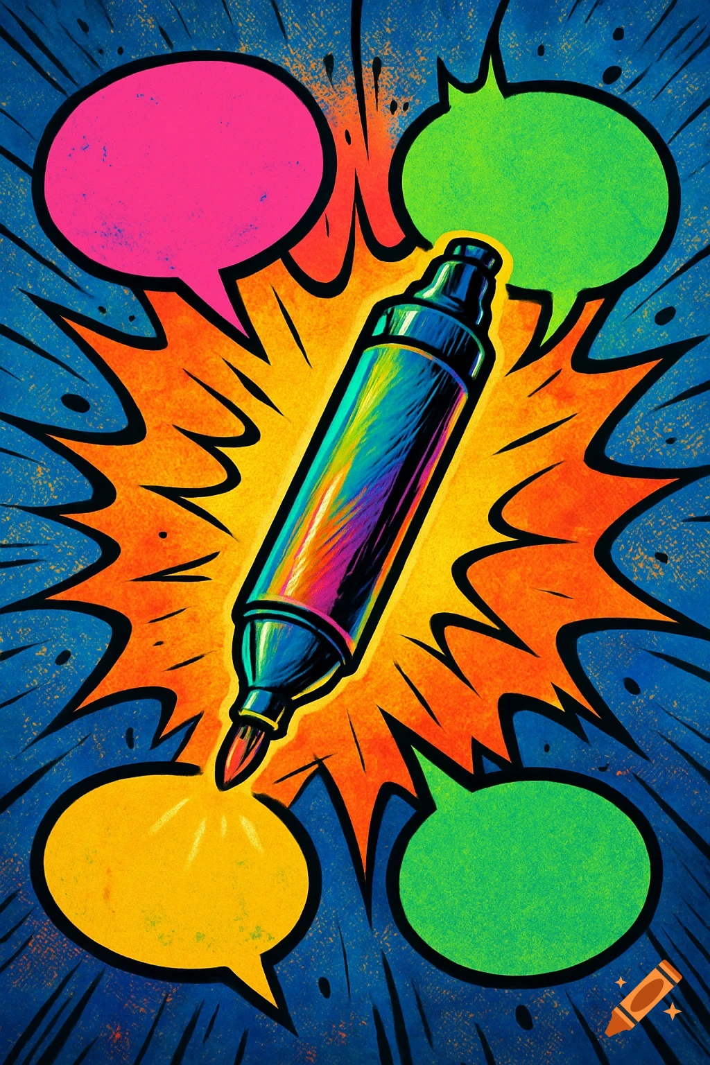 Comic-style rainbow marker floats in an orange explosion with empty pink, green, and yellow speech bubbles on a blue background.
