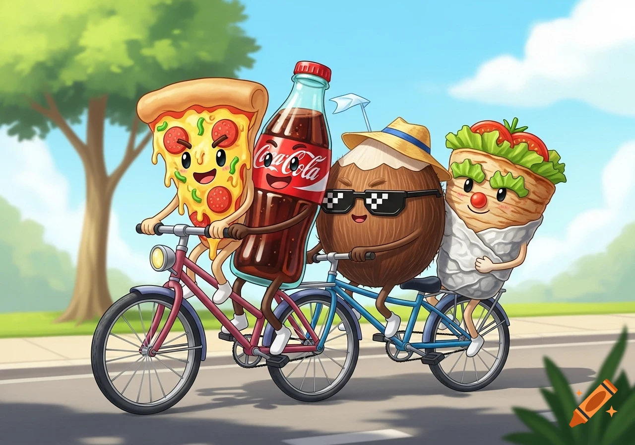 Cartoon pizza, Coca-Cola bottle, coconut, and doner kebab characters ride bicycles on a sunny road with trees.