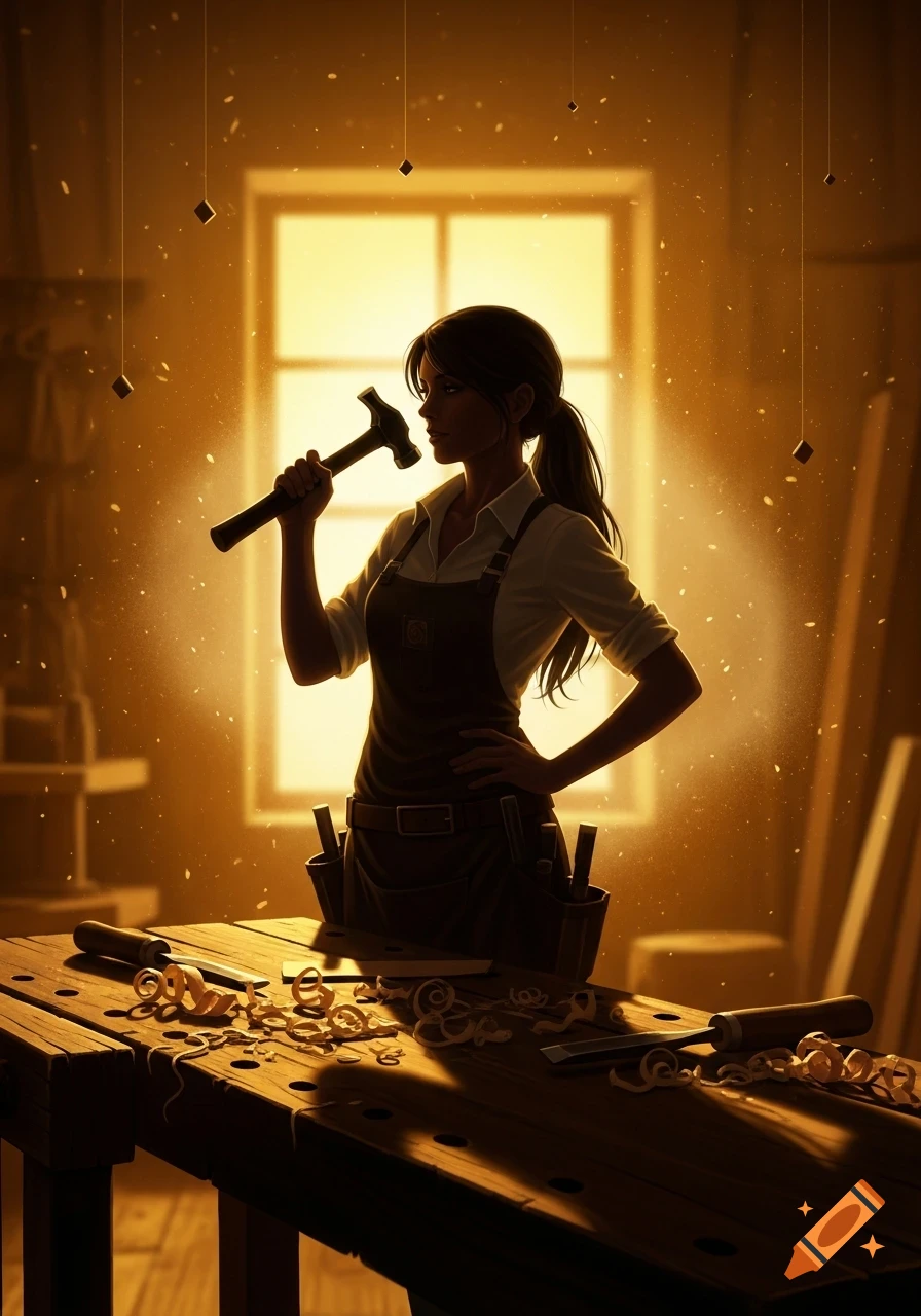 A female carpenter in an apron holds a hammer in a warmly lit workshop, with wood shavings on a workbench.
