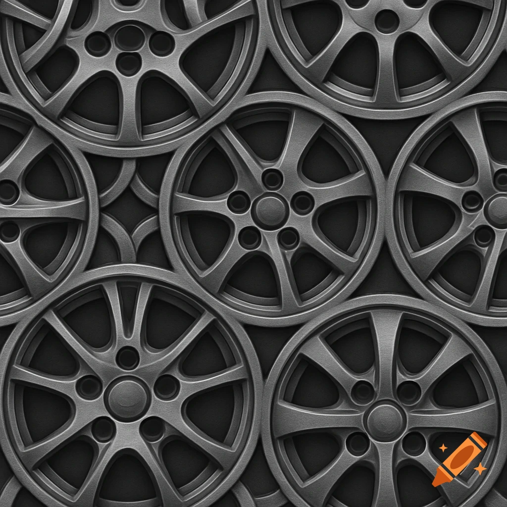 Seamless pattern of metallic car wheel rims in shades of gray and anthracite, suitable as a background.