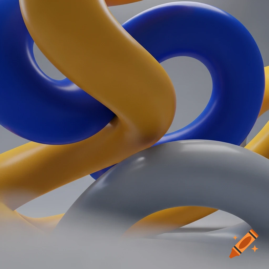 Smooth, glossy, intertwining abstract shapes in mustard yellow, royal blue, and light gray against a gray background.