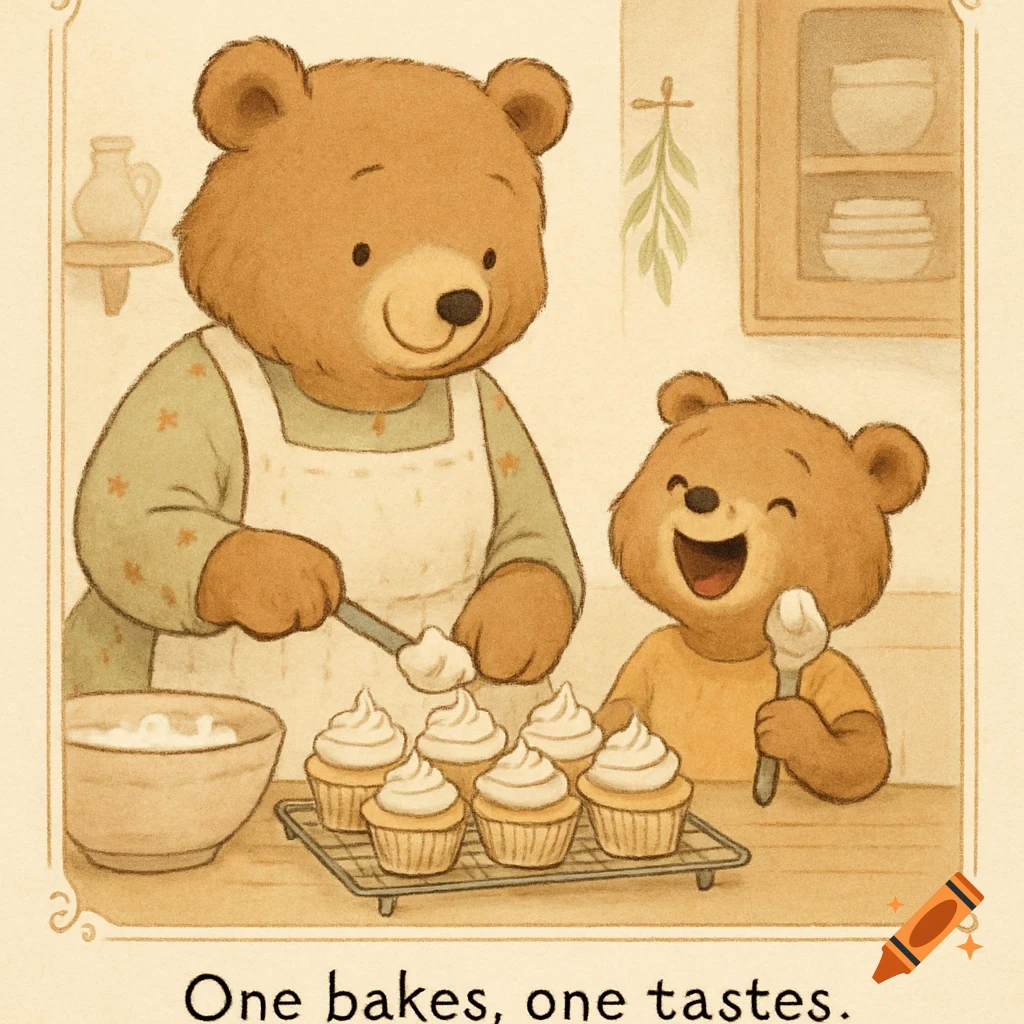 A cartoon grandma bear frosts cupcakes while a happy baby bear licks a spoon. Text reads: One bakes, one tastes.