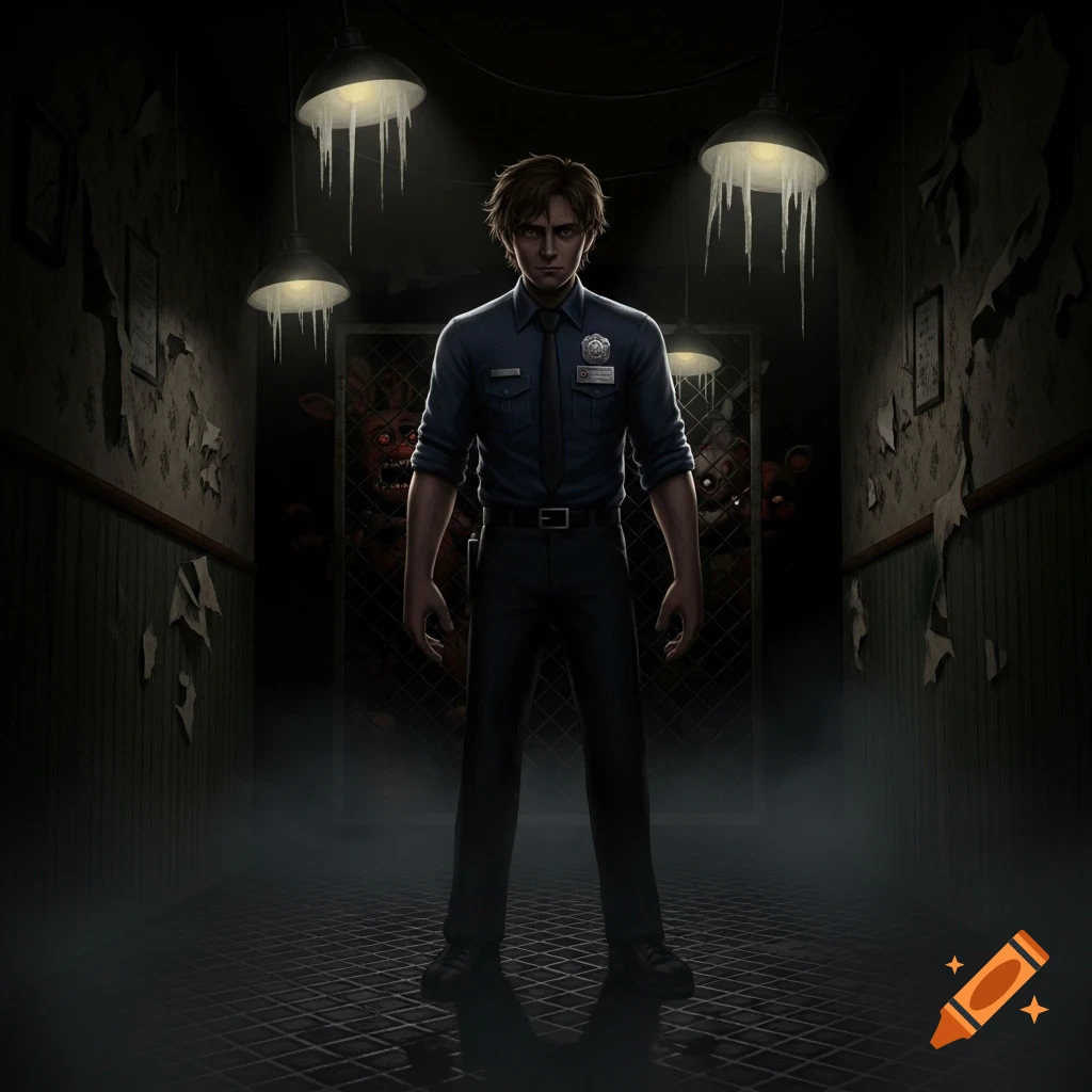 Michael Afton, a security guard, stands in a dark, ominous hallway with lurking animatronics in this stylized horror art.