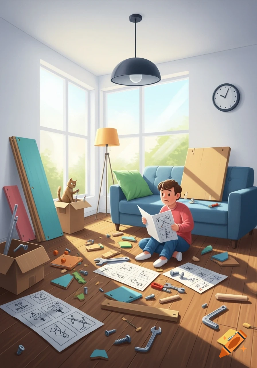 A worried child sits on the floor surrounded by flatpack furniture parts, tools, and instruction sheets, while a cat plays in a box. Cartoon style.