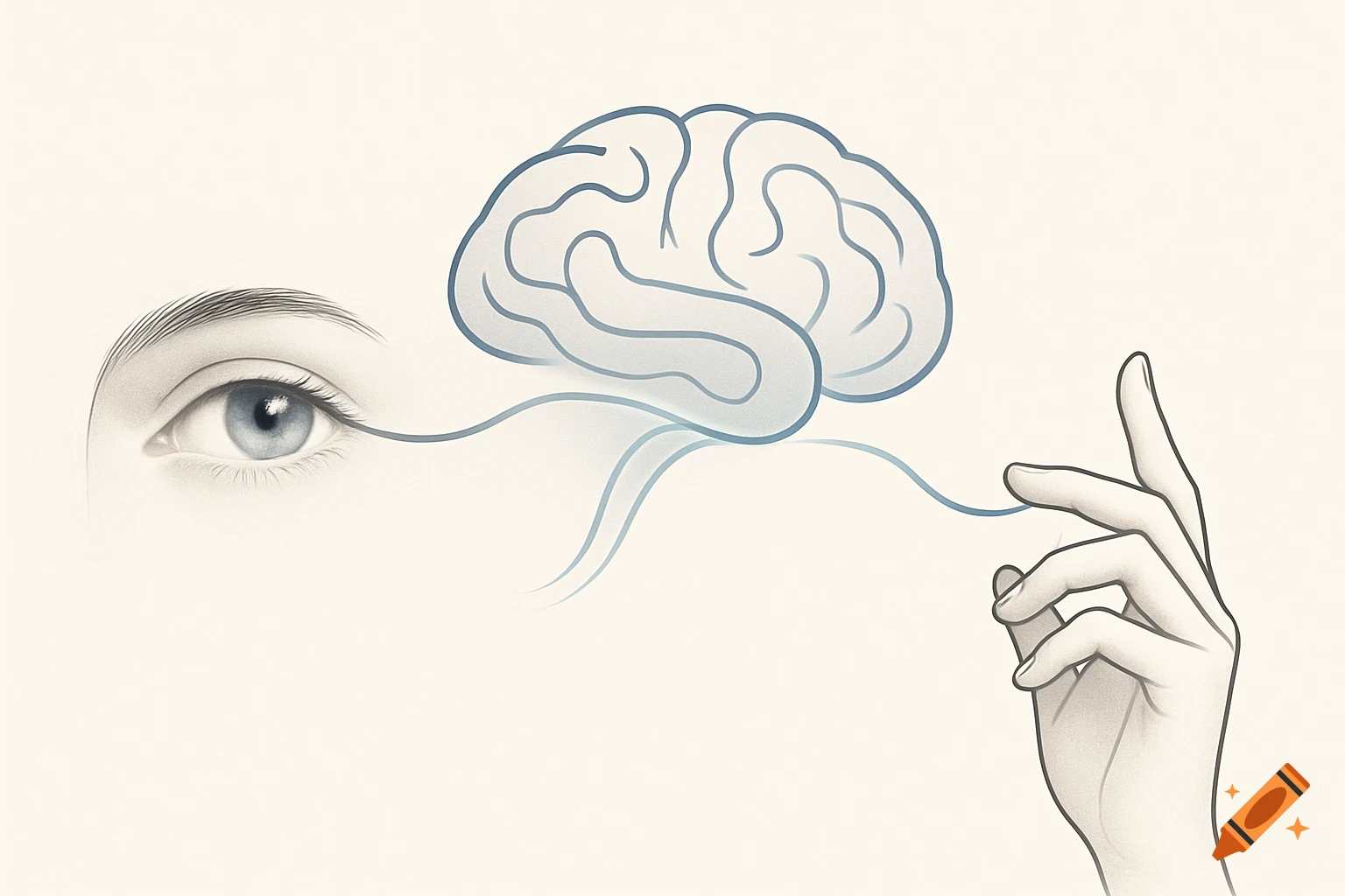 A conceptual illustration of an eye, a brain outline, and a hand connected by flowing lines.