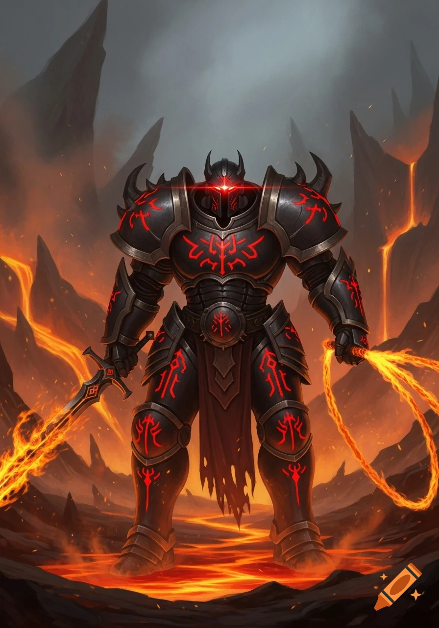 A menacing Hellknight in black armor with glowing red symbols stands in a volcanic landscape, wielding a flaming sword and whip.