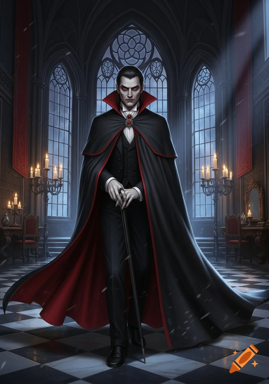 Digital painting of Dracula in a black suit and red-lined cape, with pale skin and red eyes, holding a cane in a gothic hall.