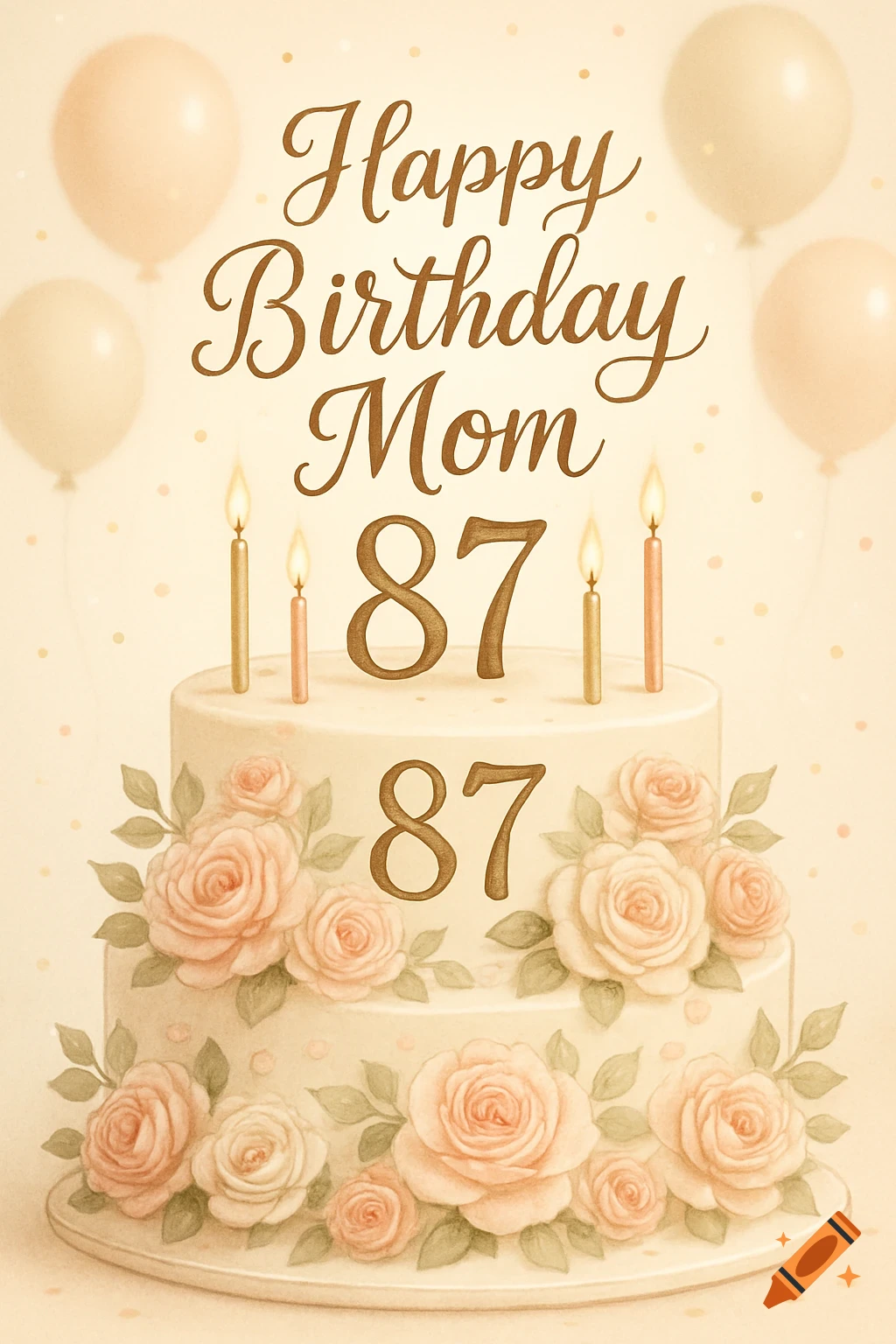 A soft watercolor illustration of a two-tier birthday cake decorated with pink roses and text that reads "Happy Birthday Mom 87", with balloons in the background.