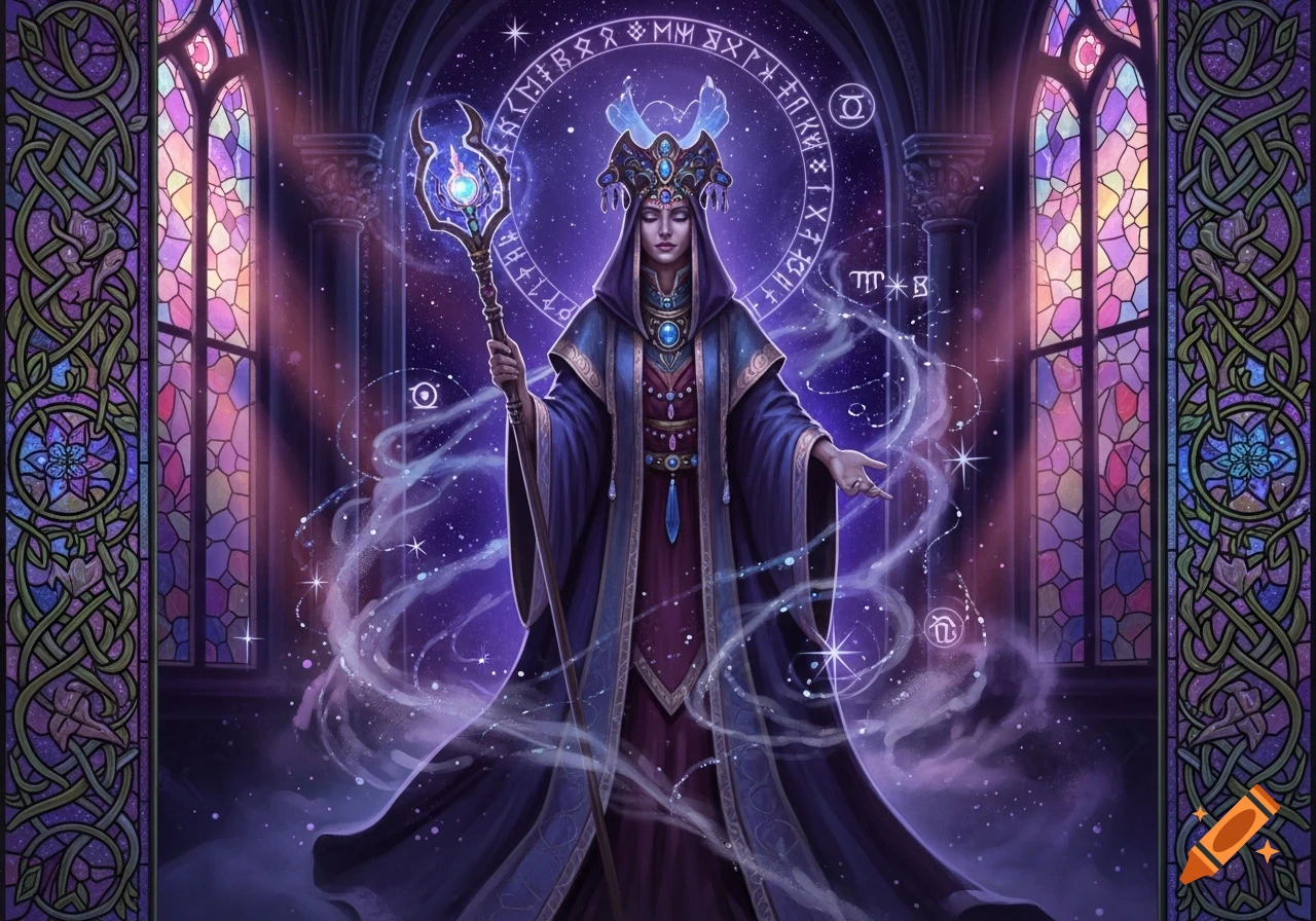 A majestic sorceress in a blue and purple robe stands with a glowing staff in a magical hall with stained glass windows and cosmic energy, surrounded by runes and astrological symbols.