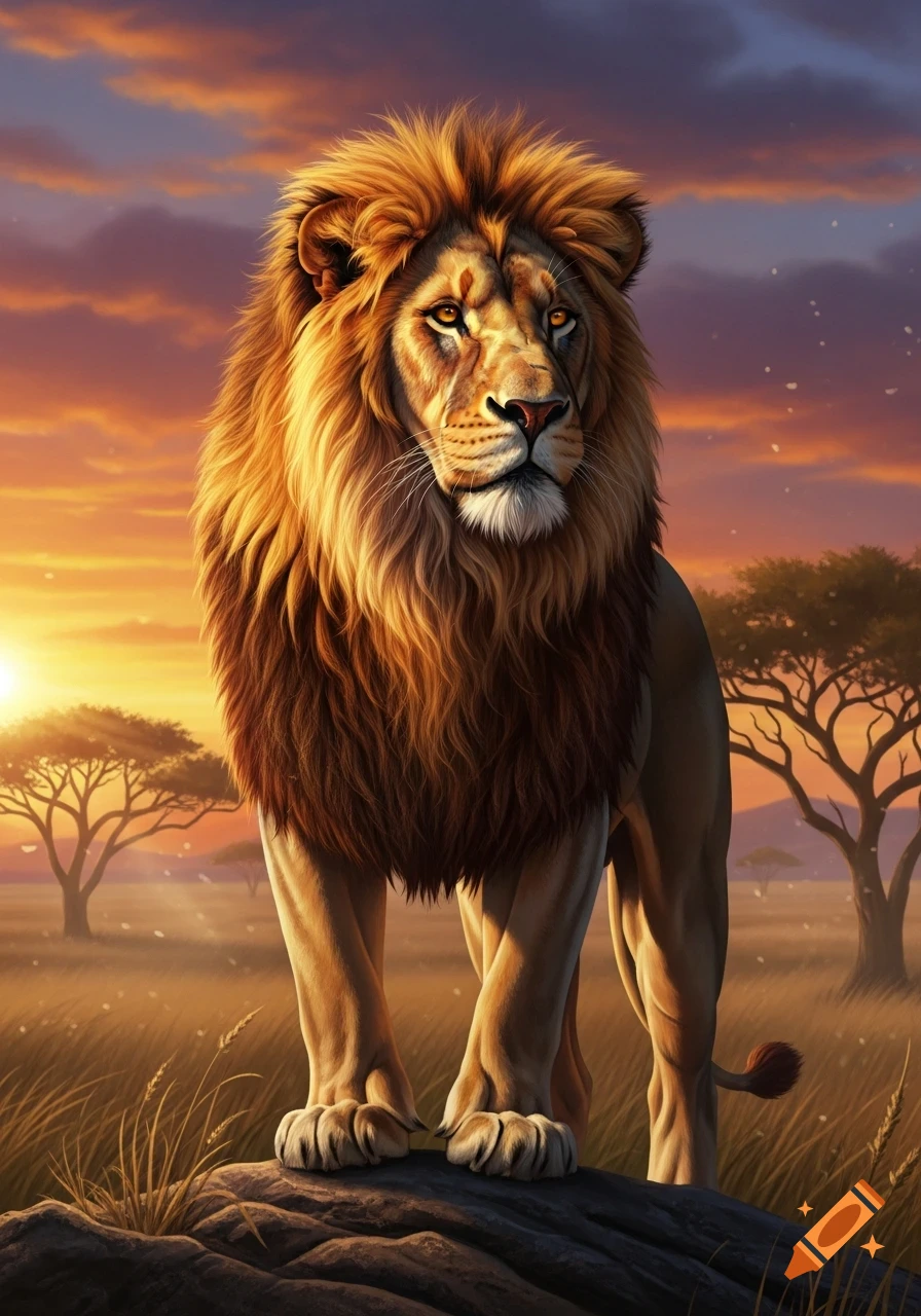A majestic lion with a golden mane stands on a rock in a savanna at sunset, with acacia trees in the background.