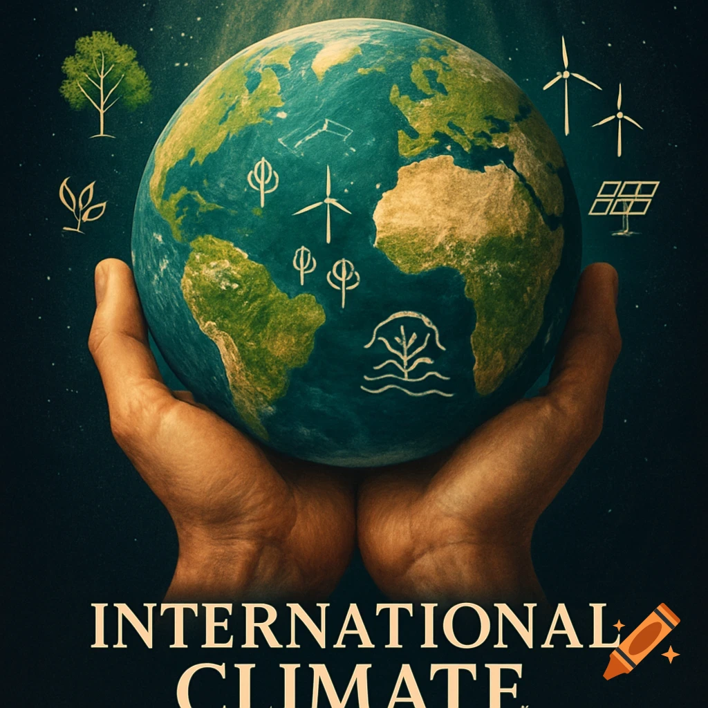 Hands cradle Earth adorned with environmental symbols, text reads 'INTERNATIONAL CLIMATE' against a starry background.
