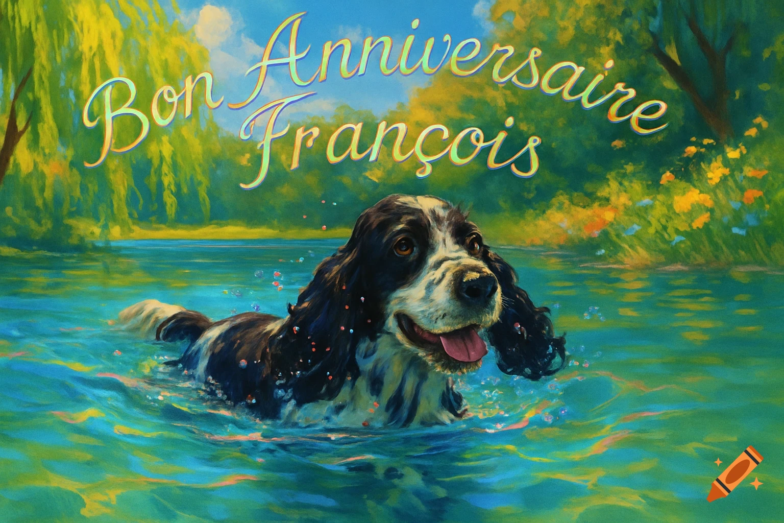 A black and white cocker spaniel dog swims in blue water with 'Bon Anniversaire François' text above, in a painterly style.