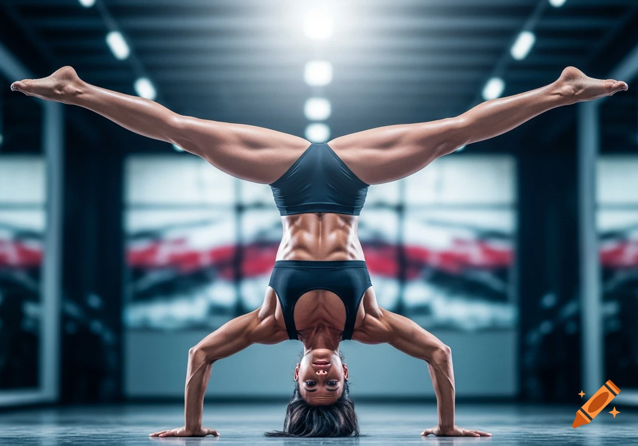 Photorealistic female bodybuilder in black athletic wear doing a handstand with legs spread wide in a gym.