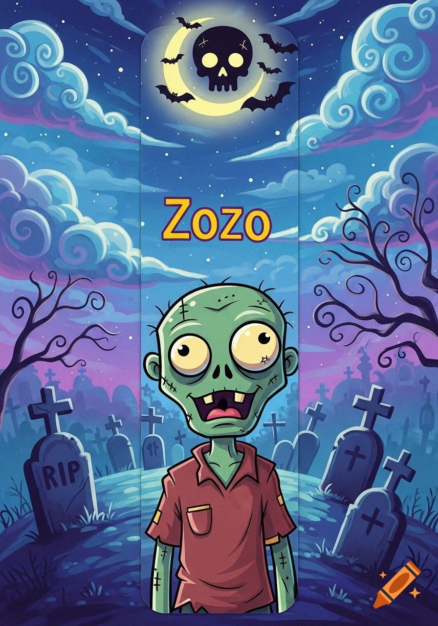A cartoon zombie in a red shirt stands in a graveyard under a skull moon, with 'Zozo' text on a bookmark design.