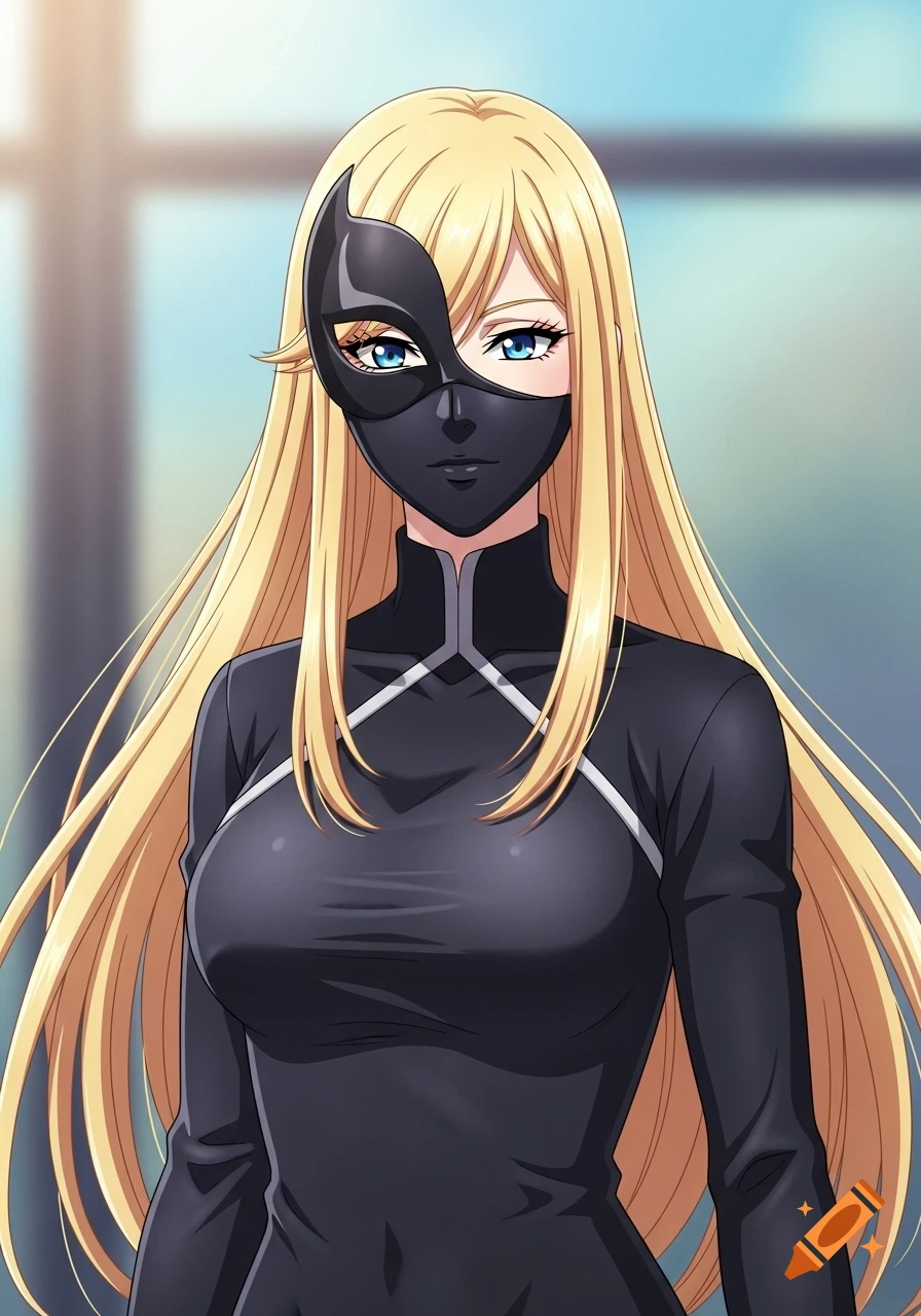 Anime illustration of a blonde woman with long hair wearing a black half-face mask and a black form-fitting suit.