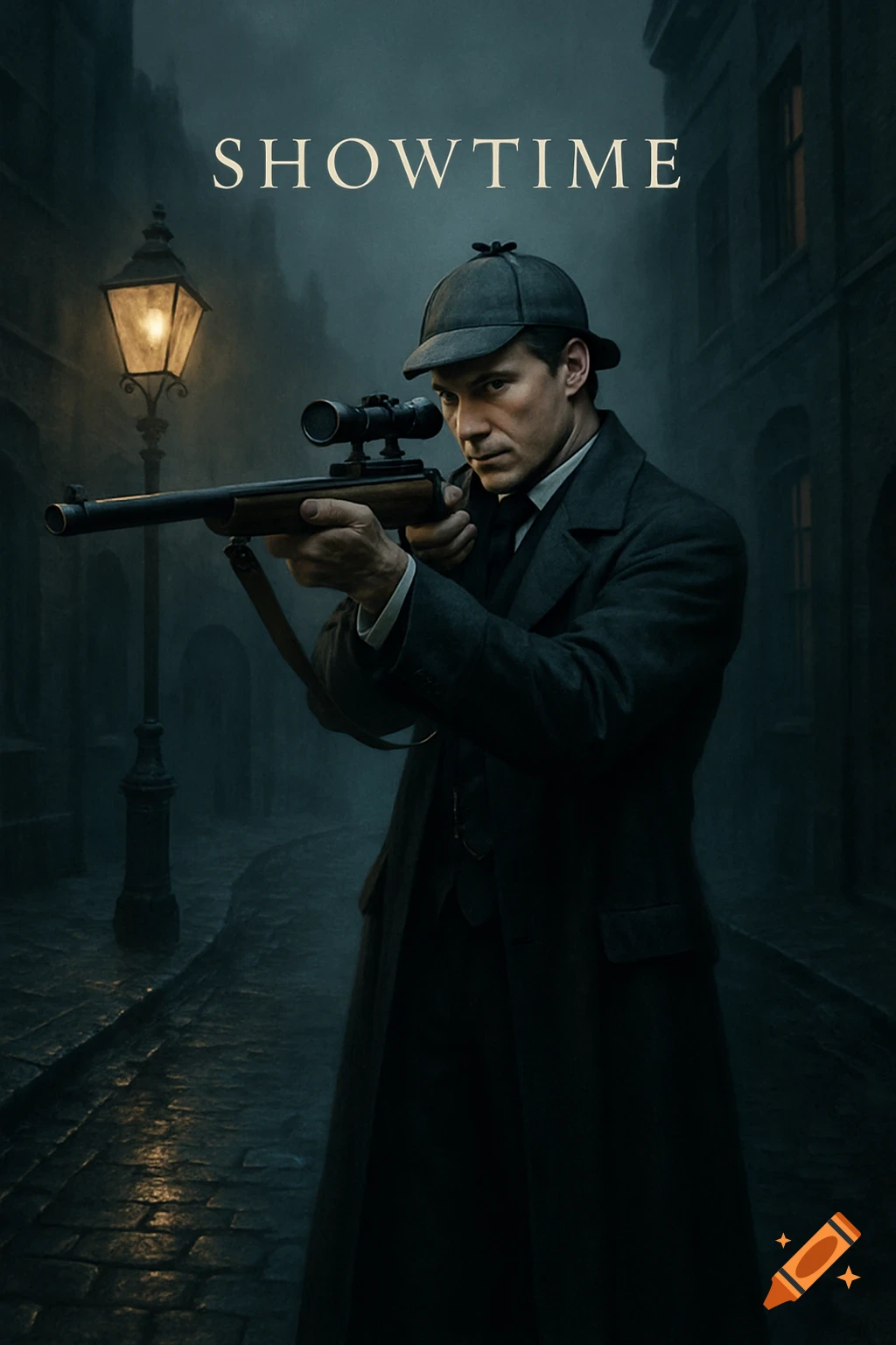 A man resembling Sherlock Holmes in a deerstalker and coat, aiming a sniper rifle on a dark, wet, gaslit London street, with "SHOWTIME" captioned above.