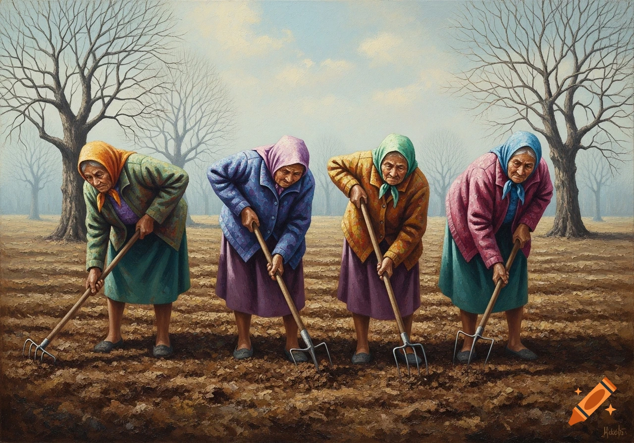 A painting depicts four elderly women with headscarves, digging in a barren field with rakes and forks under a cloudy sky, surrounded by leafless trees.