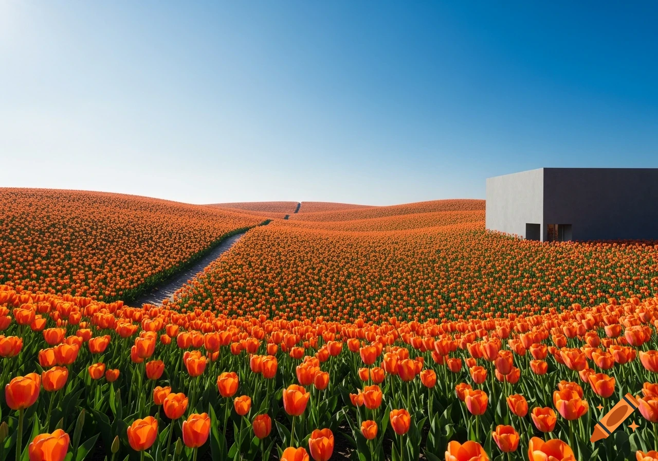 A vast field of bright orange tulips under a clear blue sky, with a path winding through hills and a stark gray building.