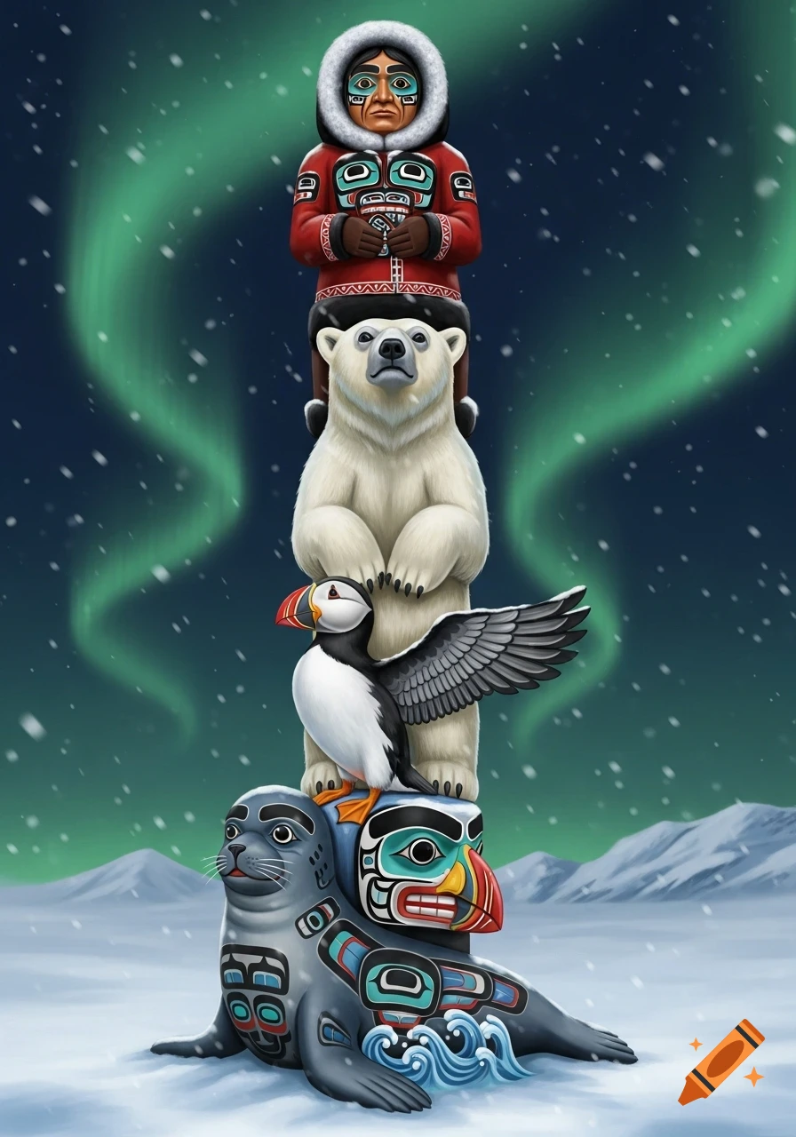 A colorful totem pole featuring an Indigenous person in a red parka, a polar bear, a puffin, and a seal, under northern lights.