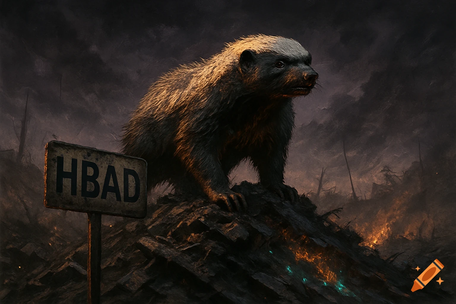A honey badger stands on a mound of debris in a dark, fiery post-apocalyptic landscape next to a sign that reads "HBAD".
