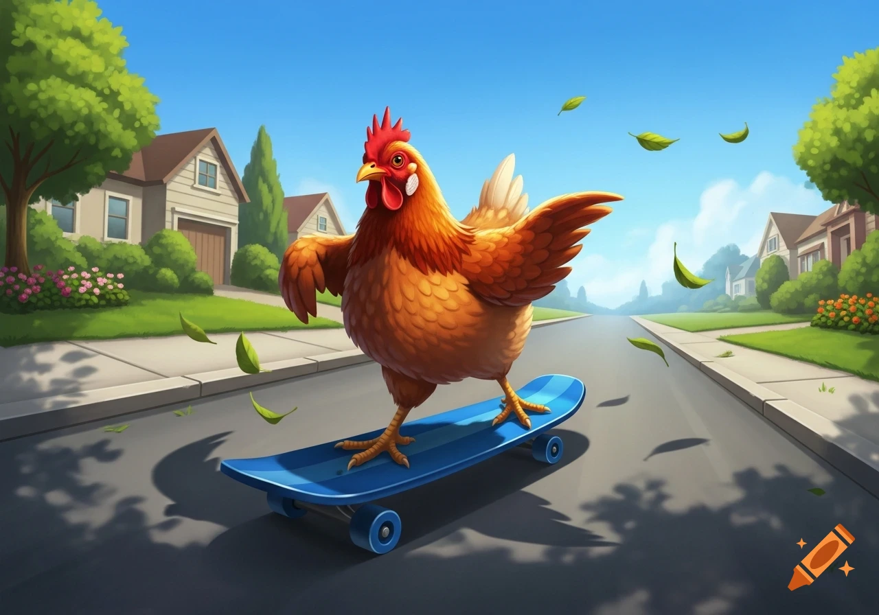 A cartoon chicken confidently balances on a blue skateboard, rolling down a suburban street with green leaves falling around it.