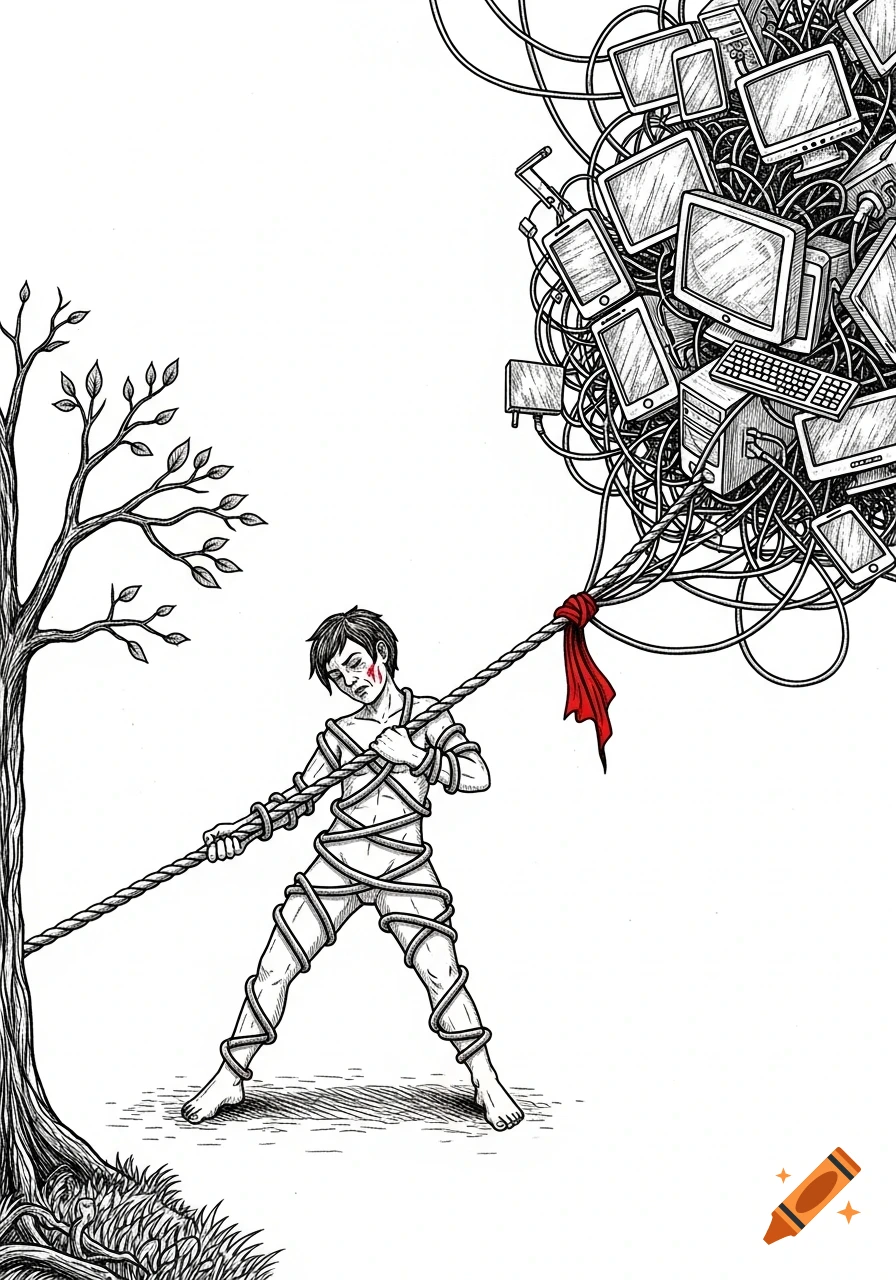 Black and white illustration of a person wrapped in cables, engaged in a tug-of-war against a cluster of computers and phones, anchored to a tree. A red cloth is tied to the rope.