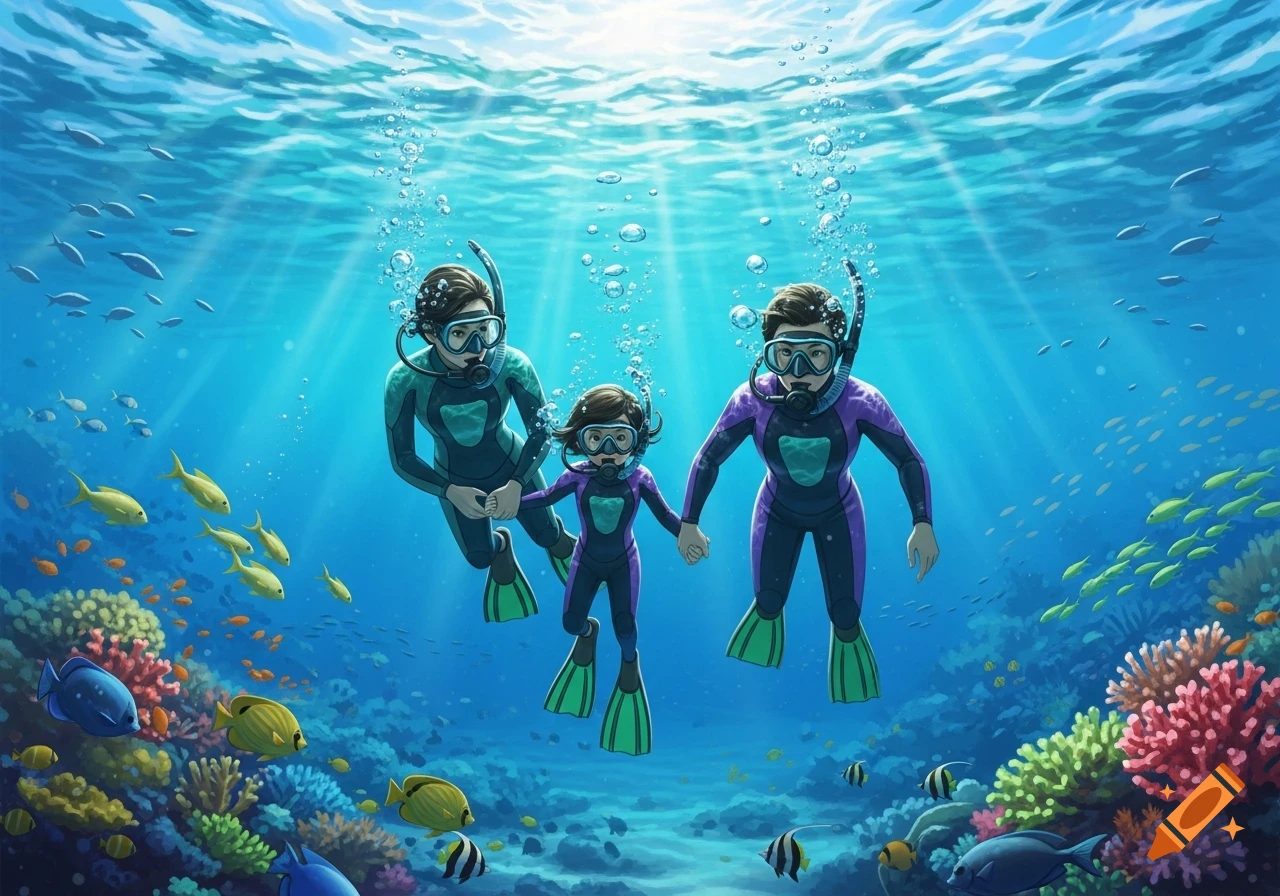 An illustration of a family scuba diving in a vibrant coral reef, with sunbeams filtering through the blue water.