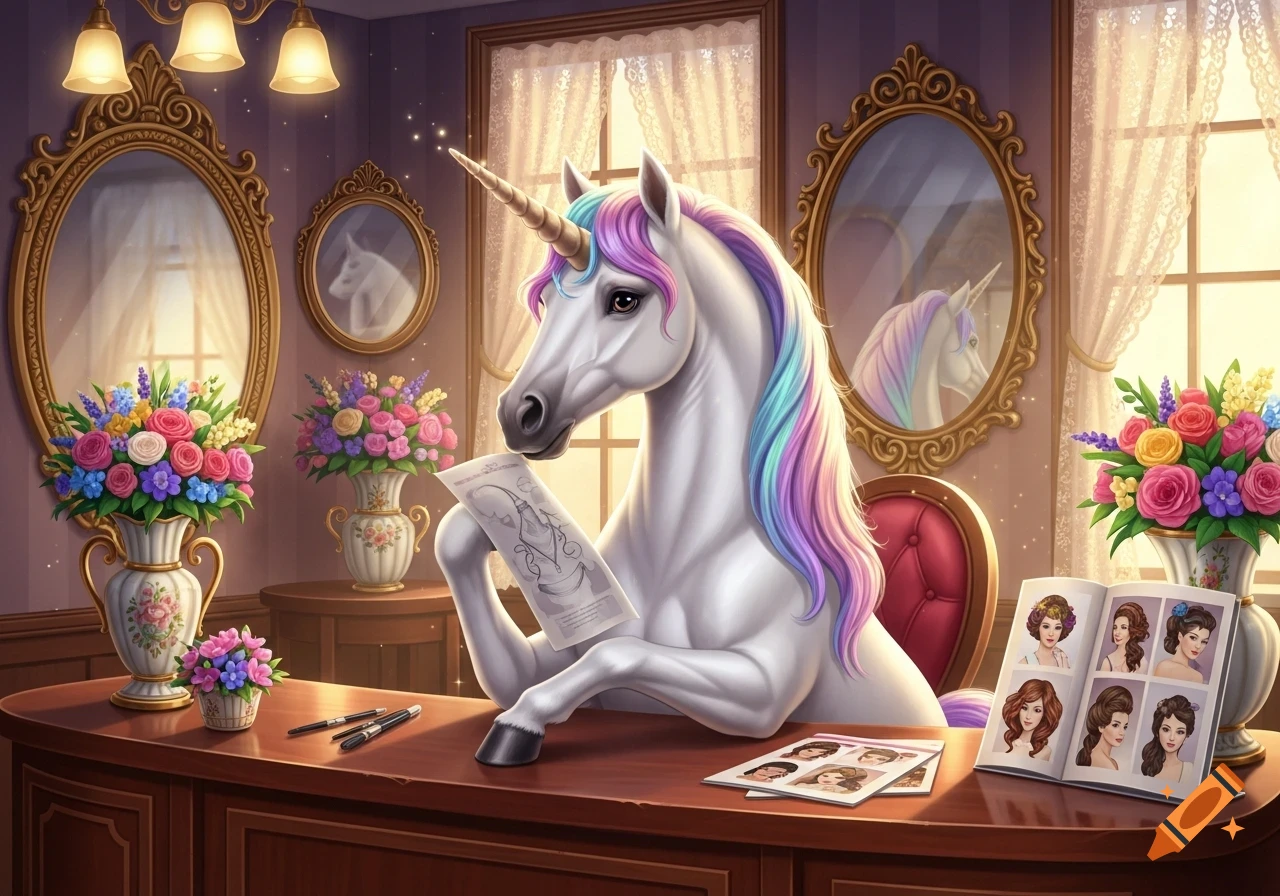 A white unicorn with a rainbow mane sits at a desk in an ornate room, looking at a paper while applying for a beauty salon job.