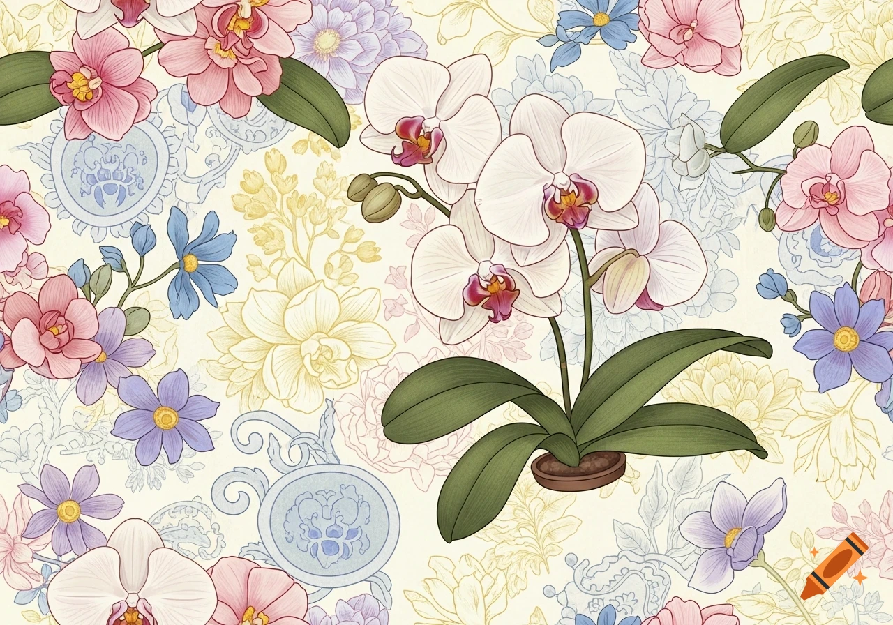 Vintage floral pattern featuring white orchids, pink, blue, and lavender flowers with green leaves on a cream background.