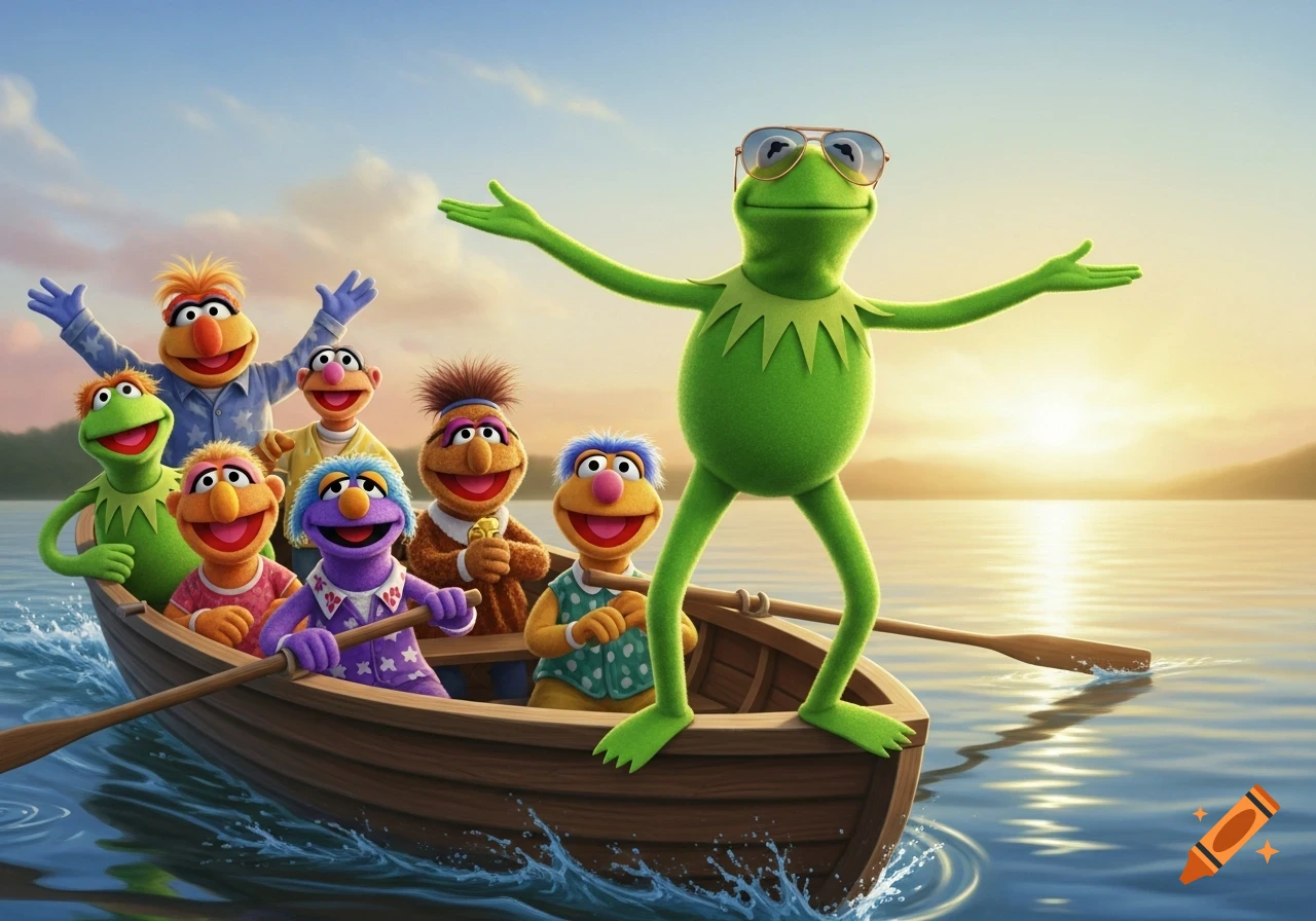 Kermit the Frog, wearing sunglasses, stands in a boat with other colorful muppet-like characters, rowing on a lake at sunset.