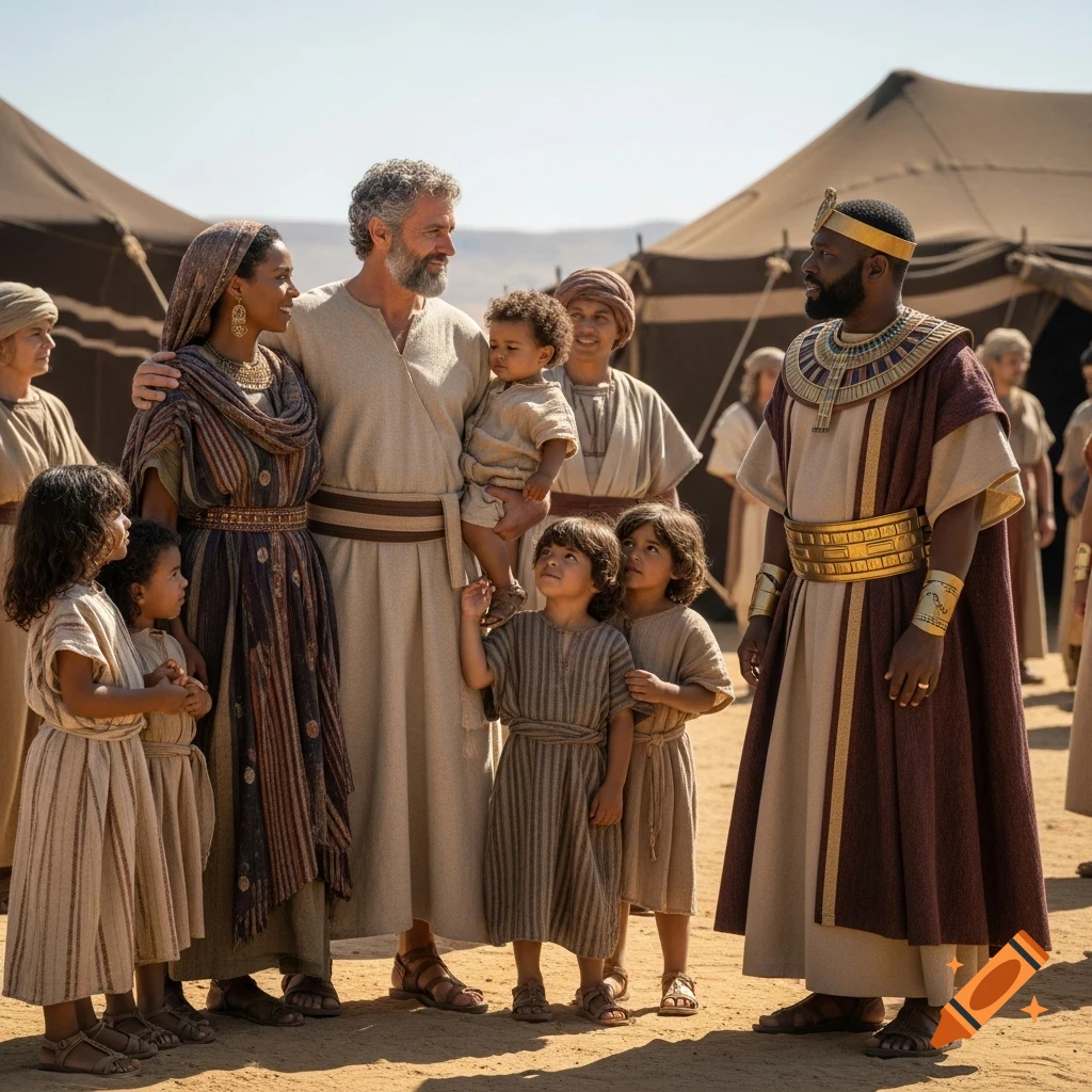 Moses and his family, including his wife and children, are visited by a chief priest in a desert camp. They all smile at each other.
