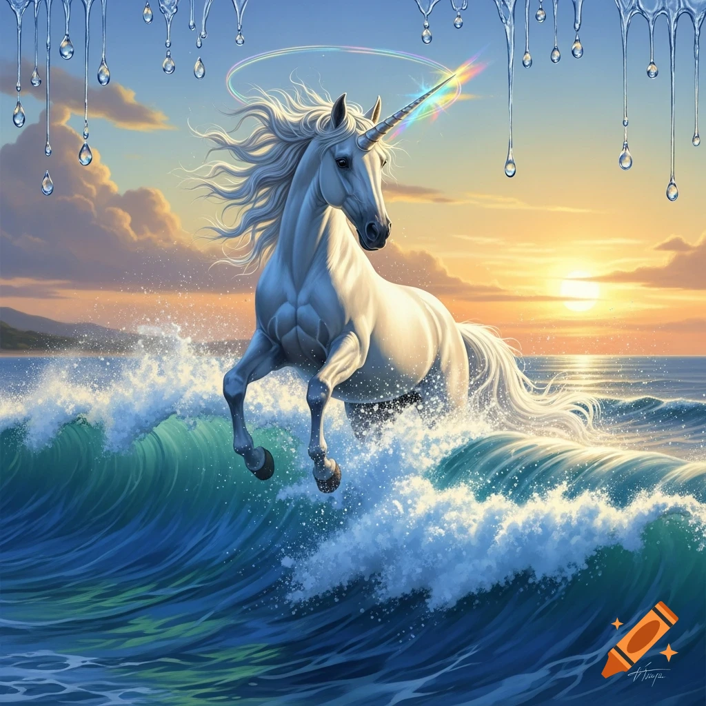 A majestic white unicorn with a rainbow horn gallops on an ocean wave at sunset, with melting ice dripping from above.
