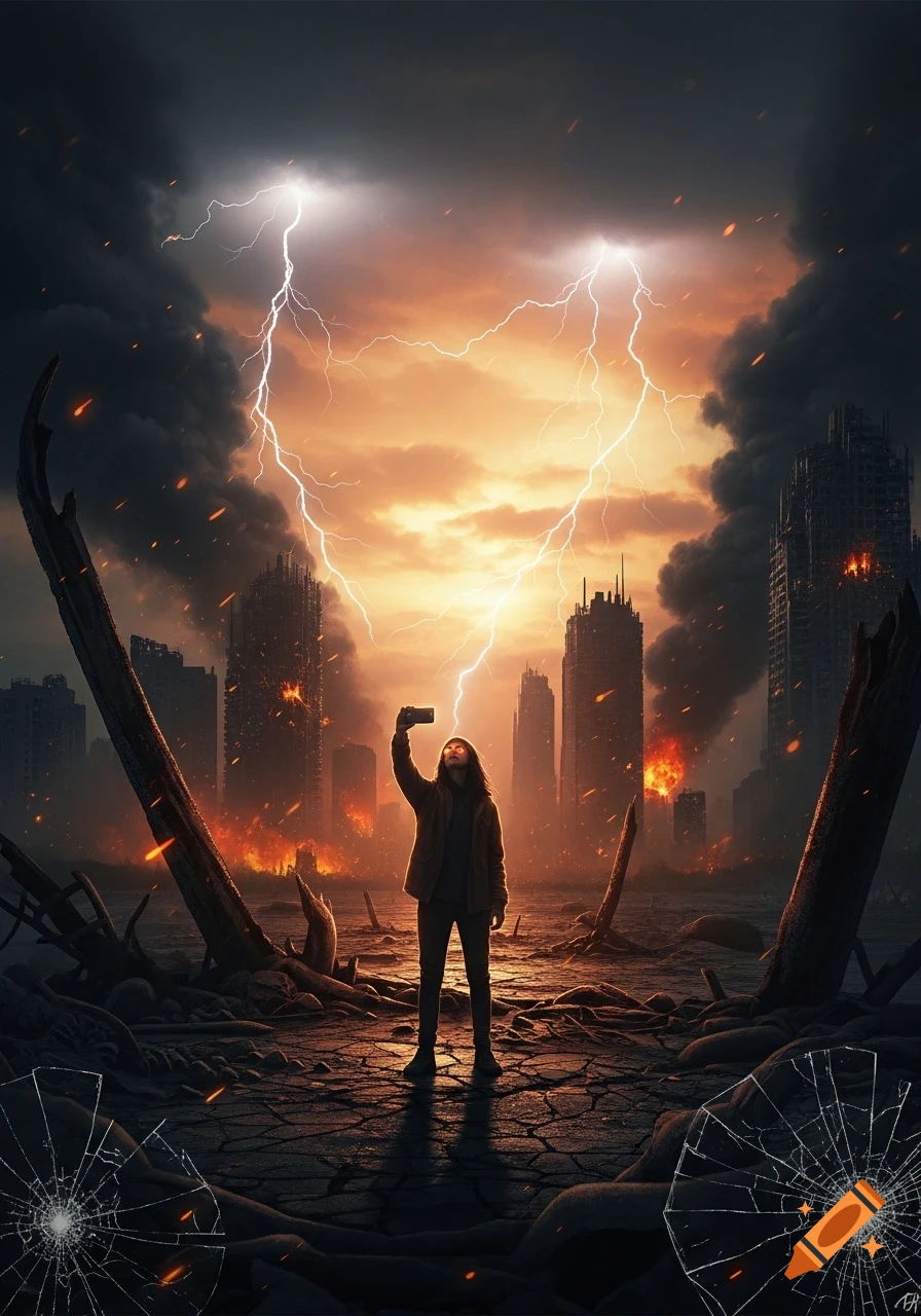 A person takes a selfie amidst a burning, ruined city under a stormy, fiery orange sky with lightning forming a heart shape.