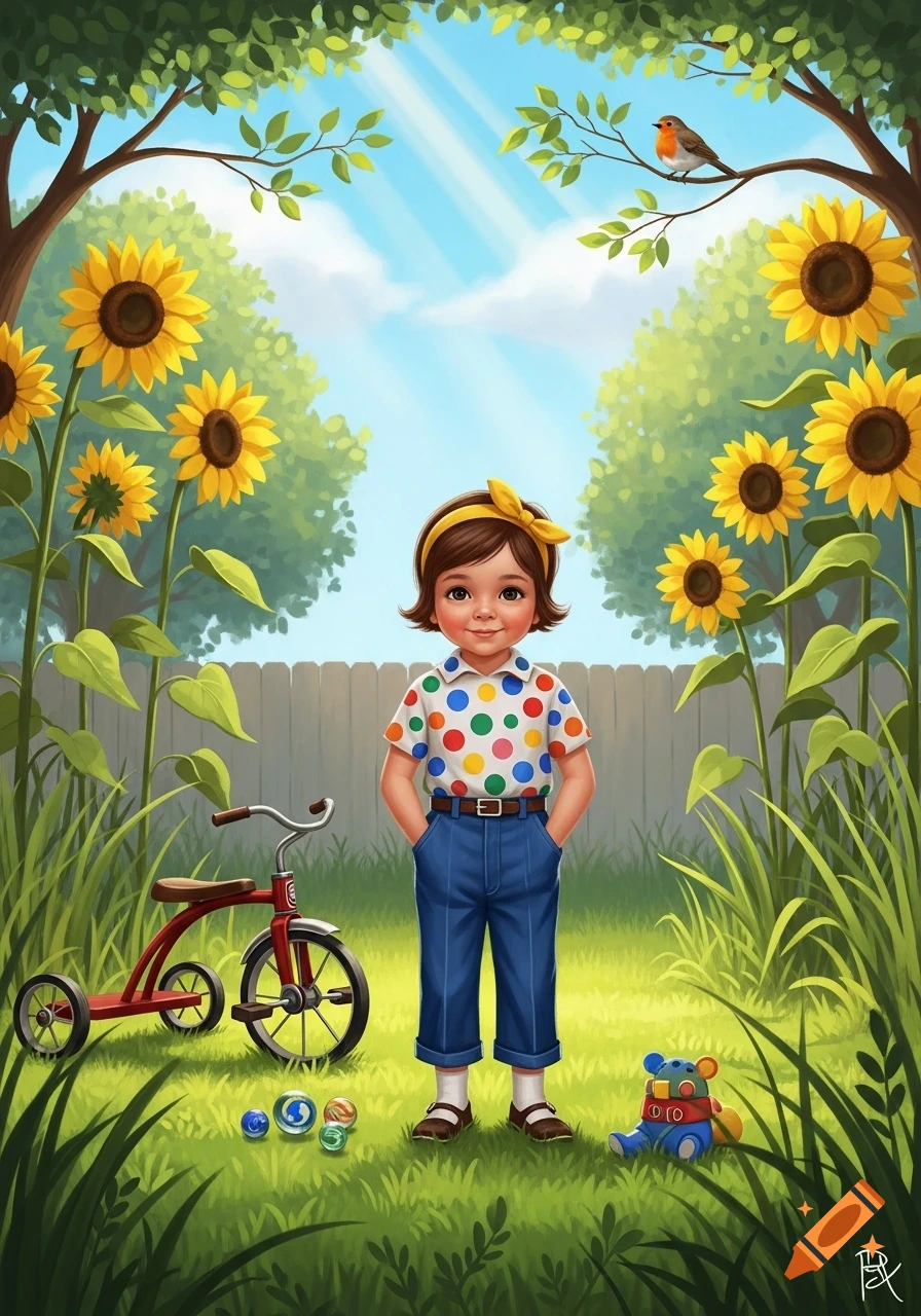 A smiling child with a yellow headband and polka dot shirt stands in a sunny garden with sunflowers, a red tricycle, marbles, and a teddy bear.