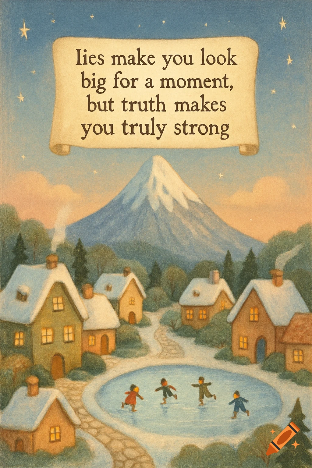 A children's storybook illustration of a snowy village with ice skaters, a mountain, and a scroll displaying an inspirational quote.