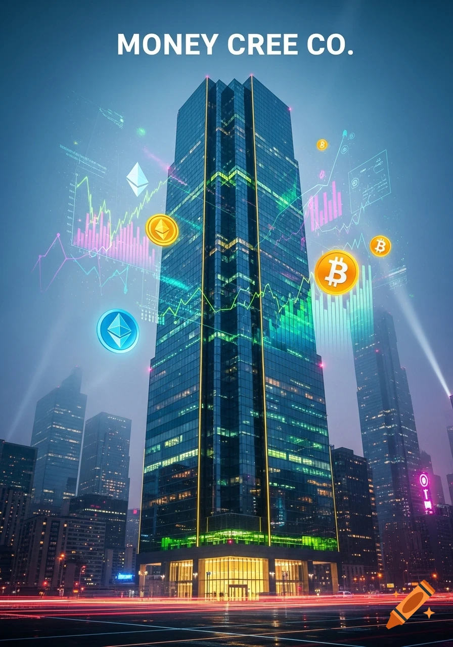 A modern skyscraper at night with glowing crypto symbols and financial graphs, text "MONEY CREE CO." at the top.