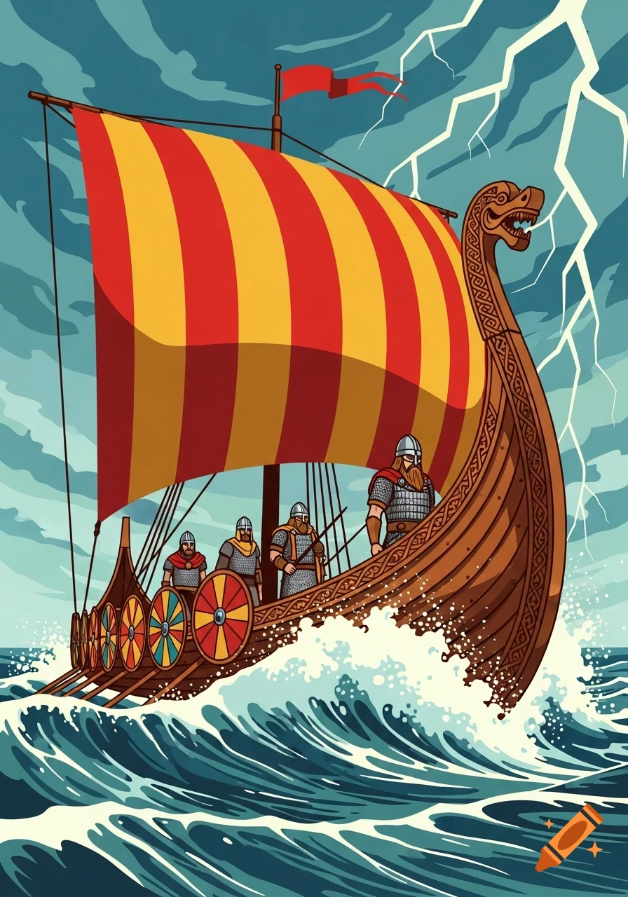 A stylized retro poster of a Viking longship with warriors sailing through stormy waves with lightning in the sky.