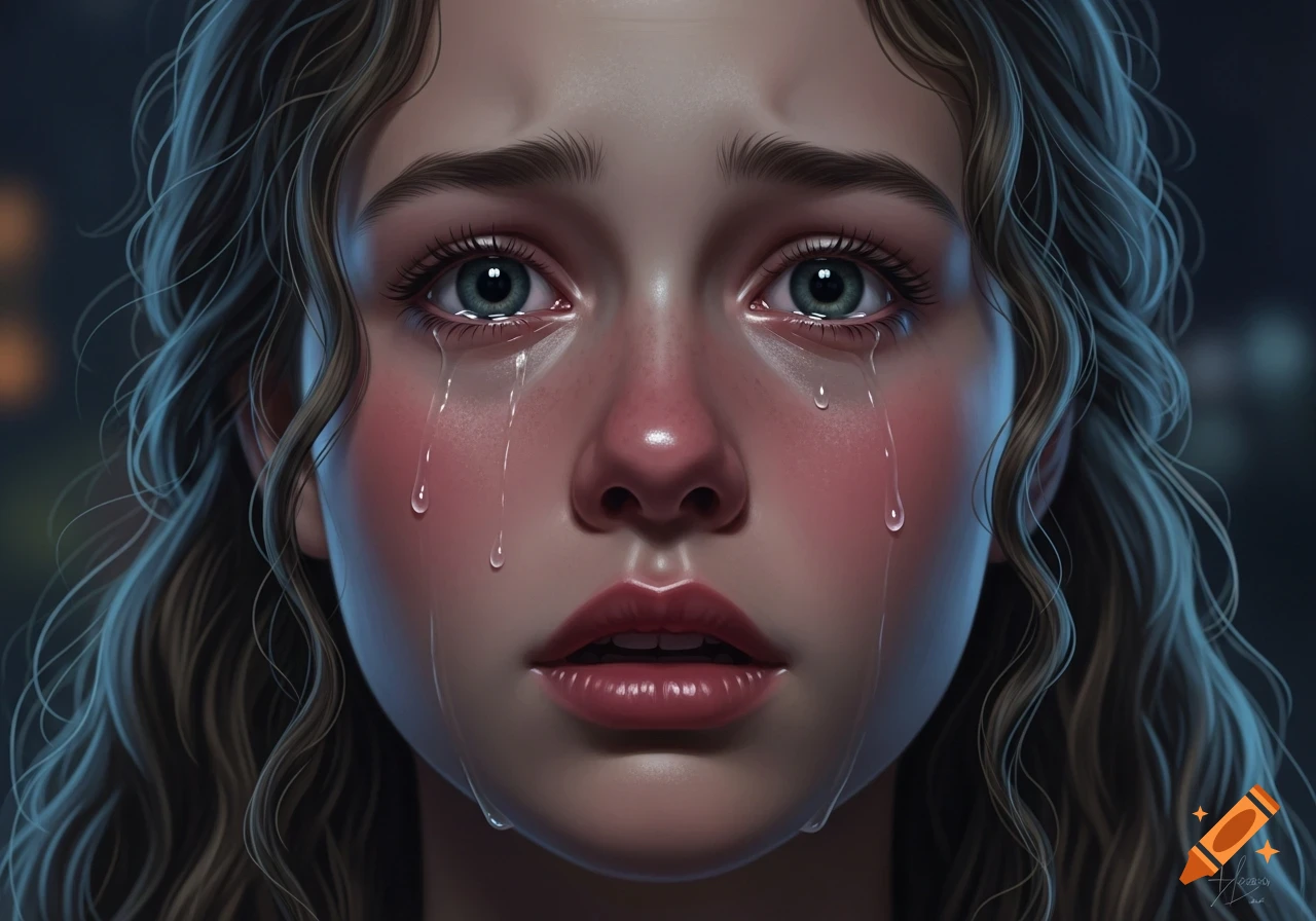 Close-up of a young female face crying with tears streaming down her cheeks, expressing deep sadness.