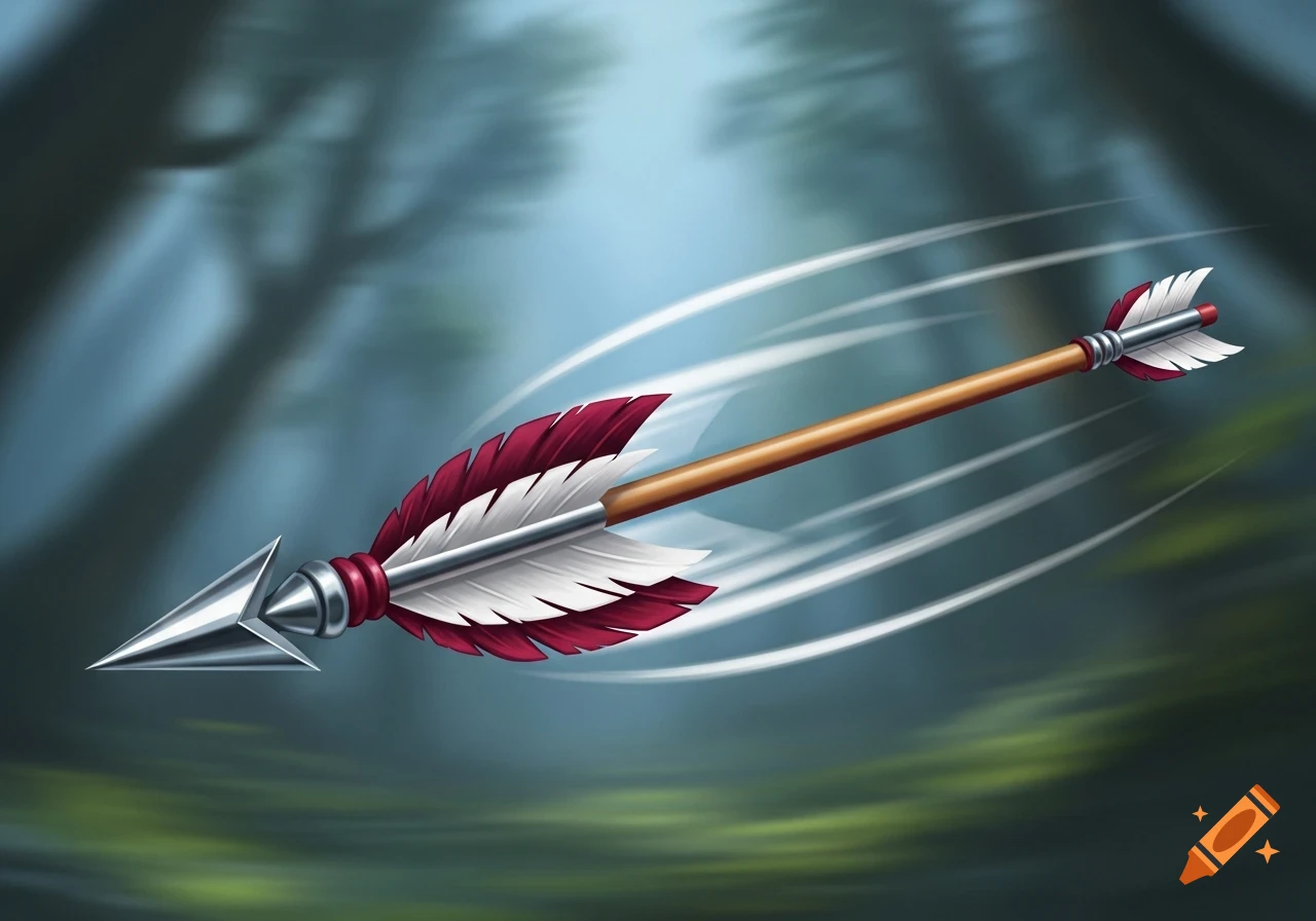 A stylized wooden arrow with a silver arrowhead and red and white fletching flies through a blurred forest background.