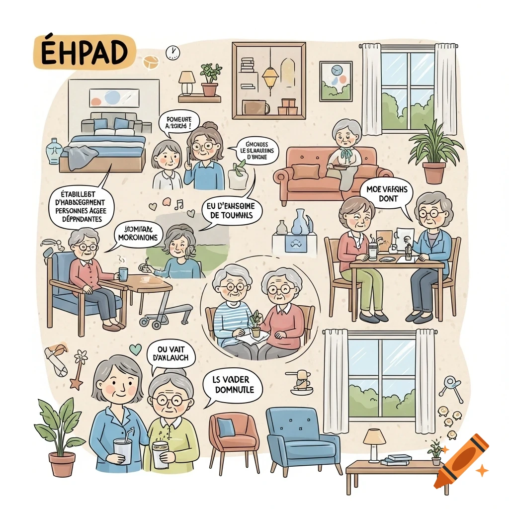 A colorful sketchnote illustration depicts various scenes from an EHPAD (nursing home), with elderly residents socializing, relaxing, and engaging in activities in different rooms.