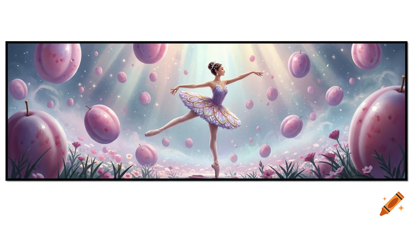 Painting of a ballerina in a purple tutu dancing among giant floating pink plums and flowers under a magical sky.