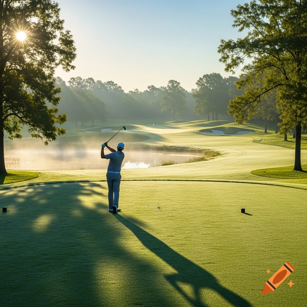 A golfer swings on a misty green golf course at sunrise, with a lake and trees in the background.