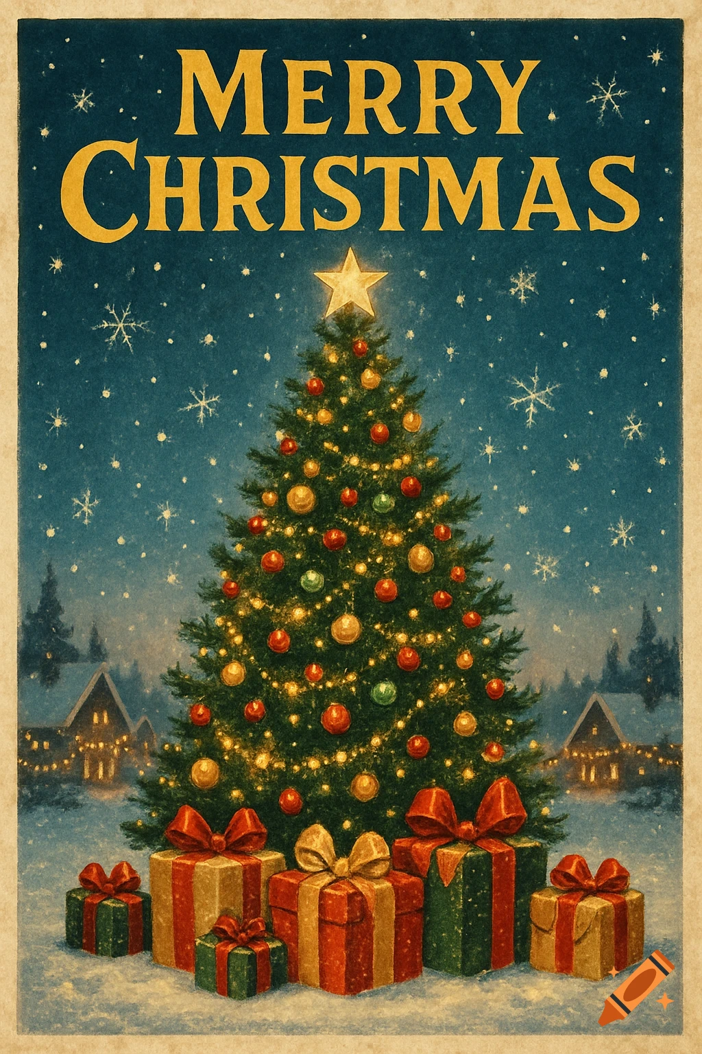 Vintage Christmas poster with 'MERRY CHRISTMAS' text, a decorated tree, presents, and snowy houses.